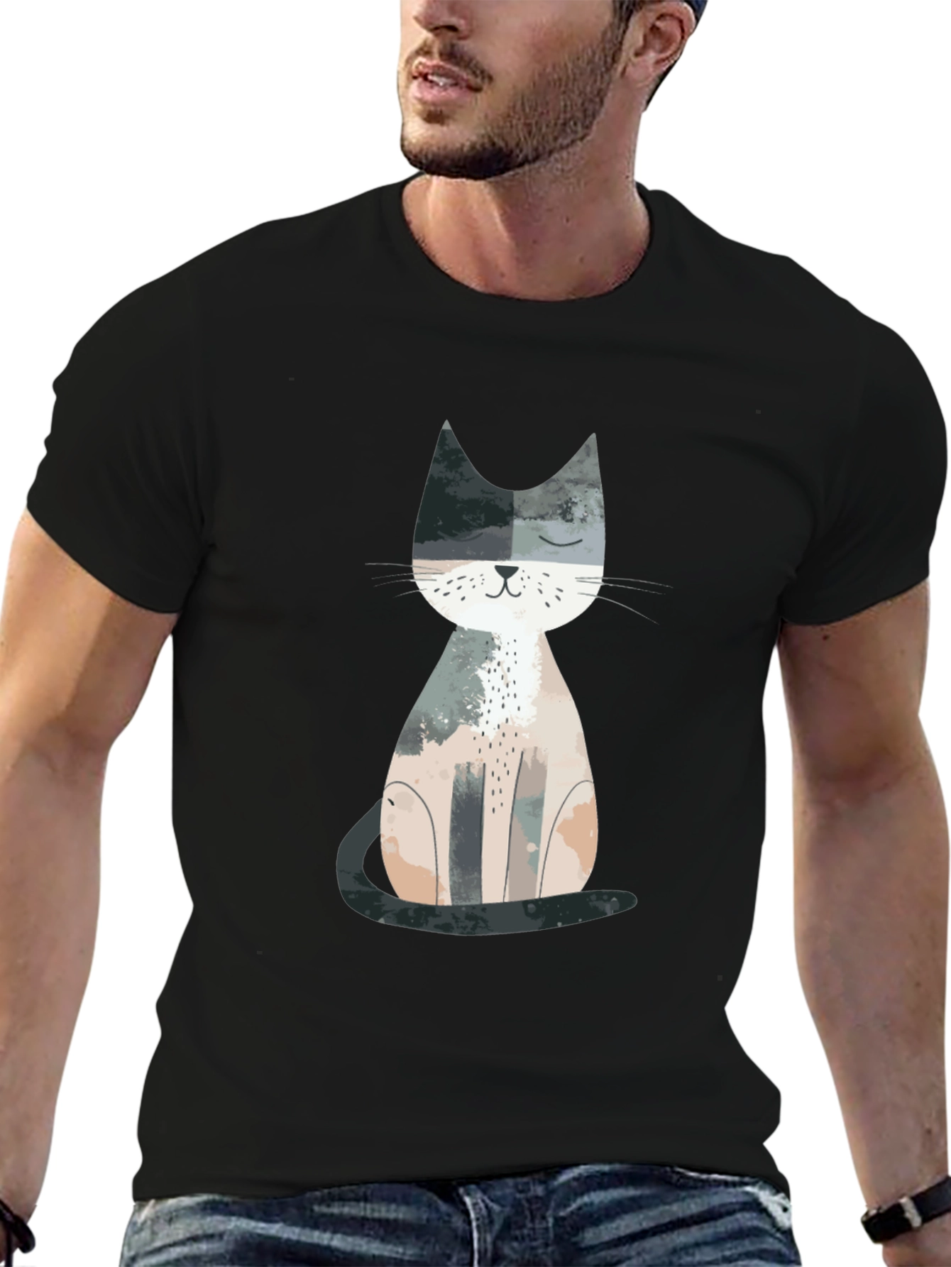 Cute Cat Graphic Print Crew Neck T-Shirt