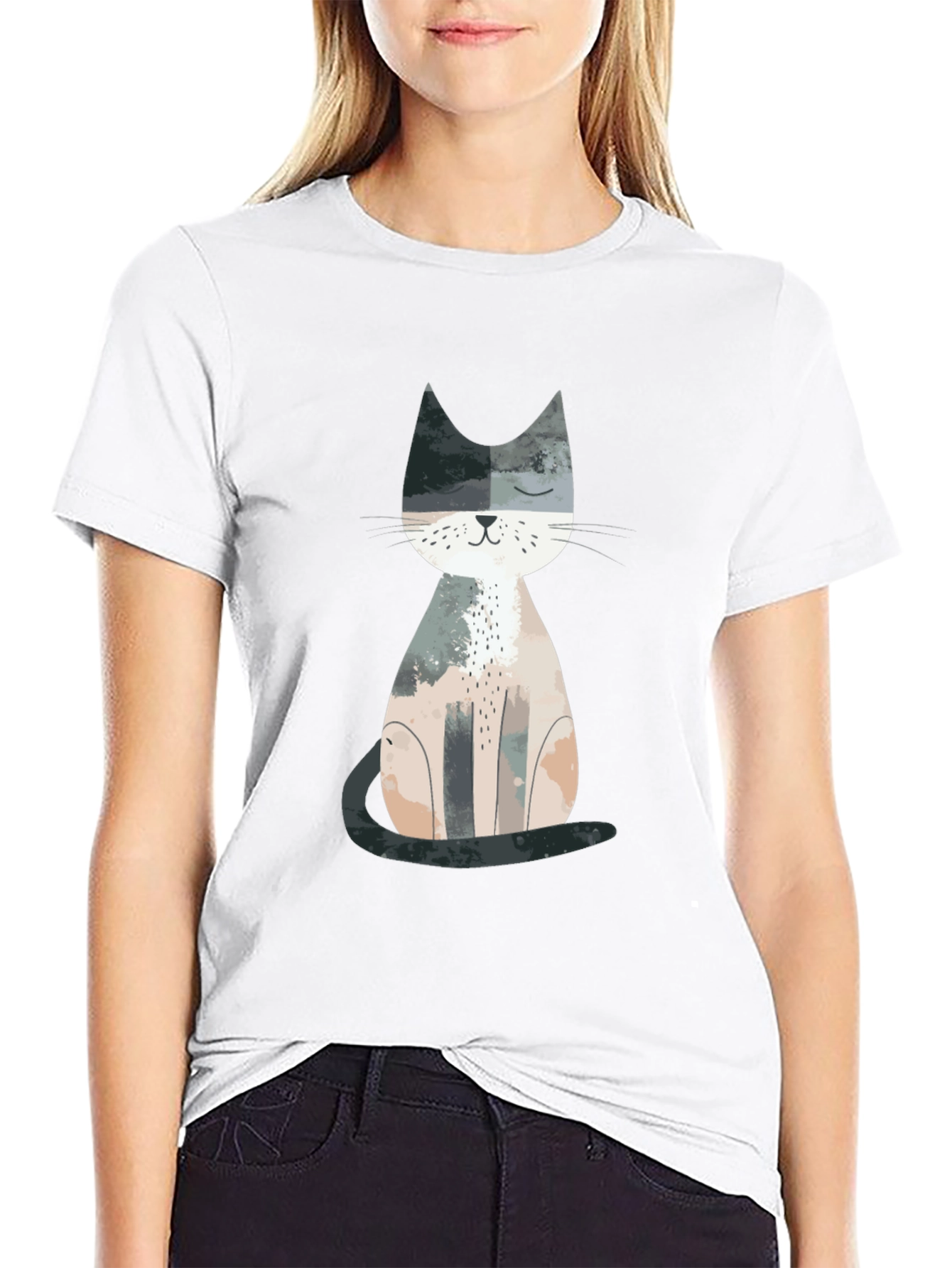 Cute Cat Graphic Print Crew Neck T-Shirt