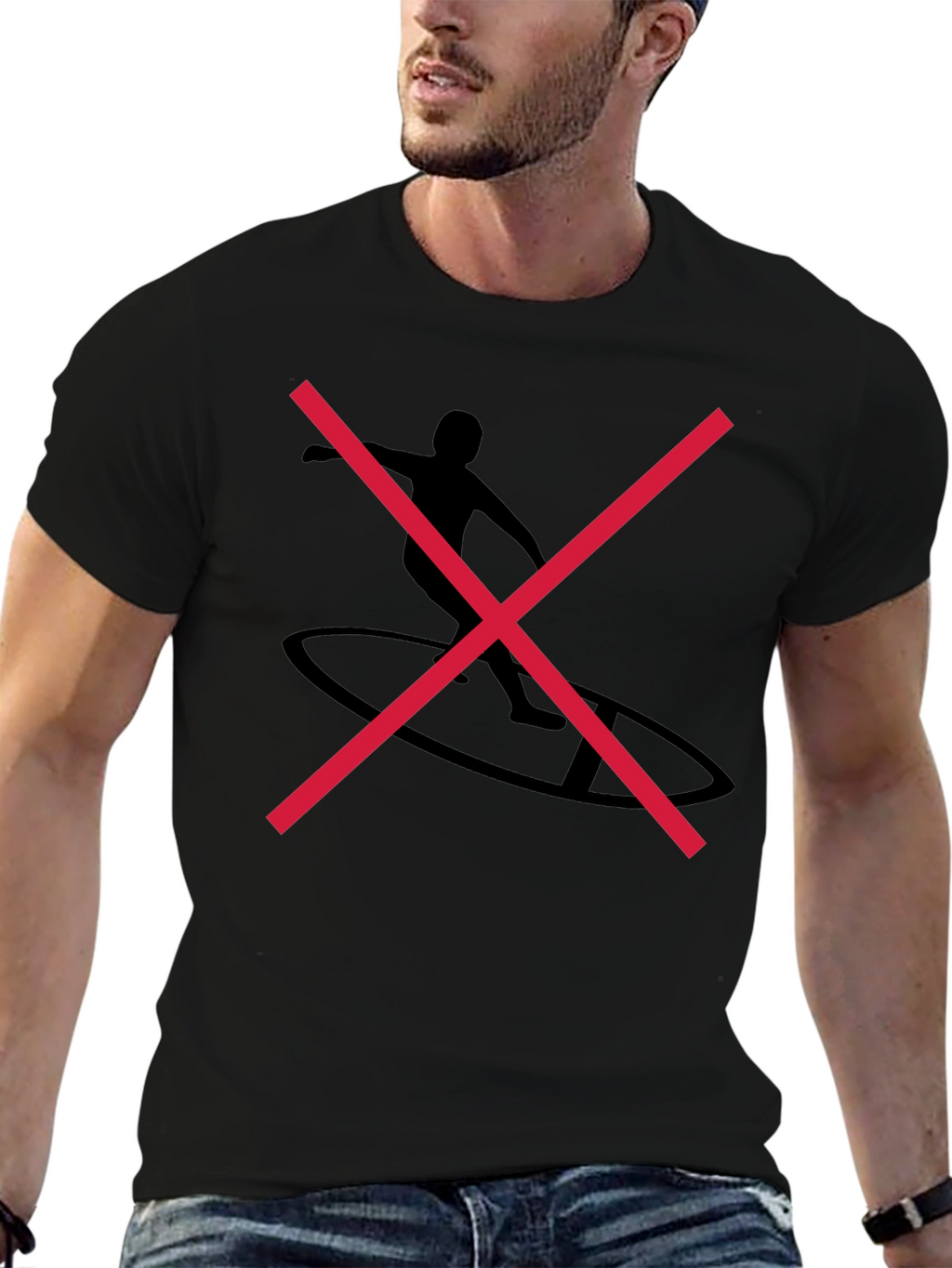 Black Graphic Tee with Surfer Silhouette
