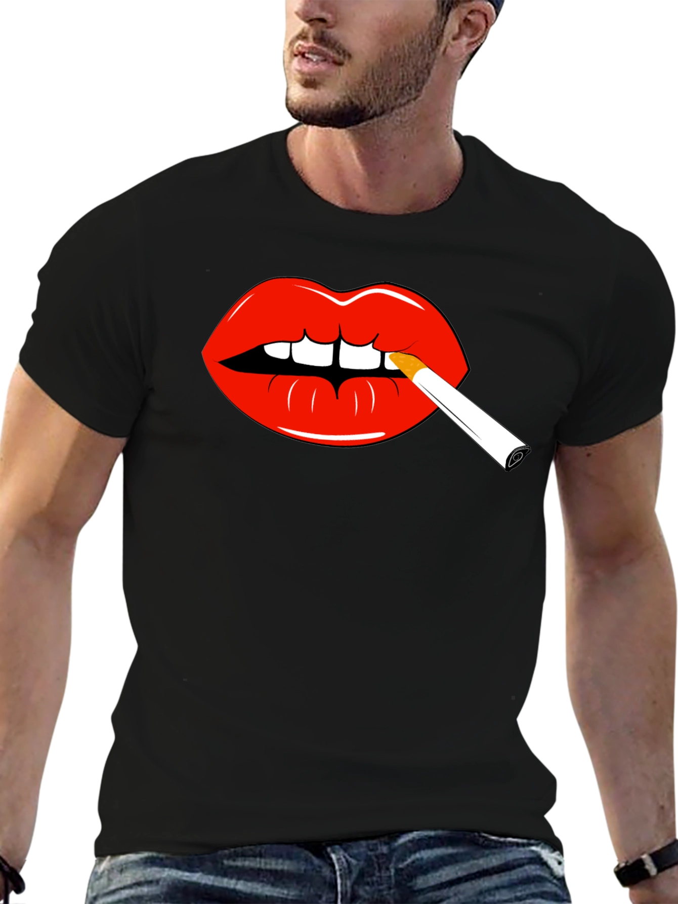 Lips Smoking Cigarette Graphic Tee - Bold Statement Shirt