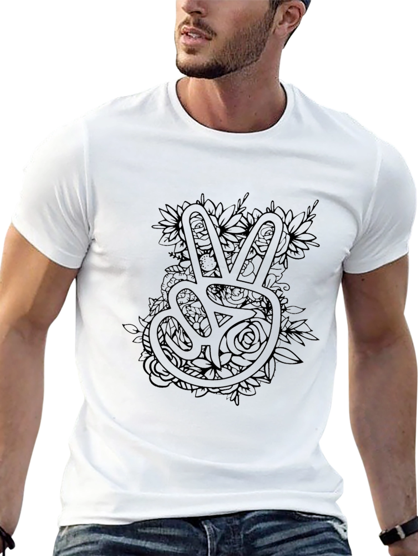 Peace Sign Floral Graphic Tee - Soft Black Cotton T-Shirt
