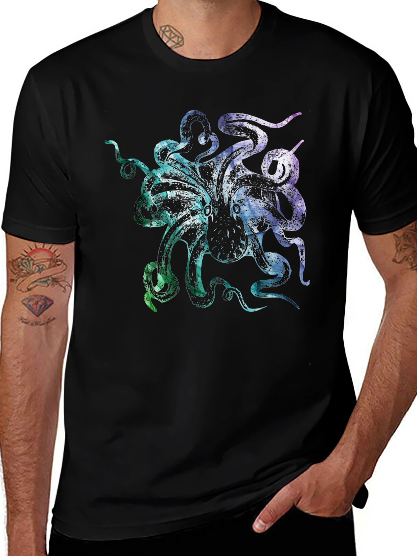 Colorful Octopus Graphic Print Black T-Shirt