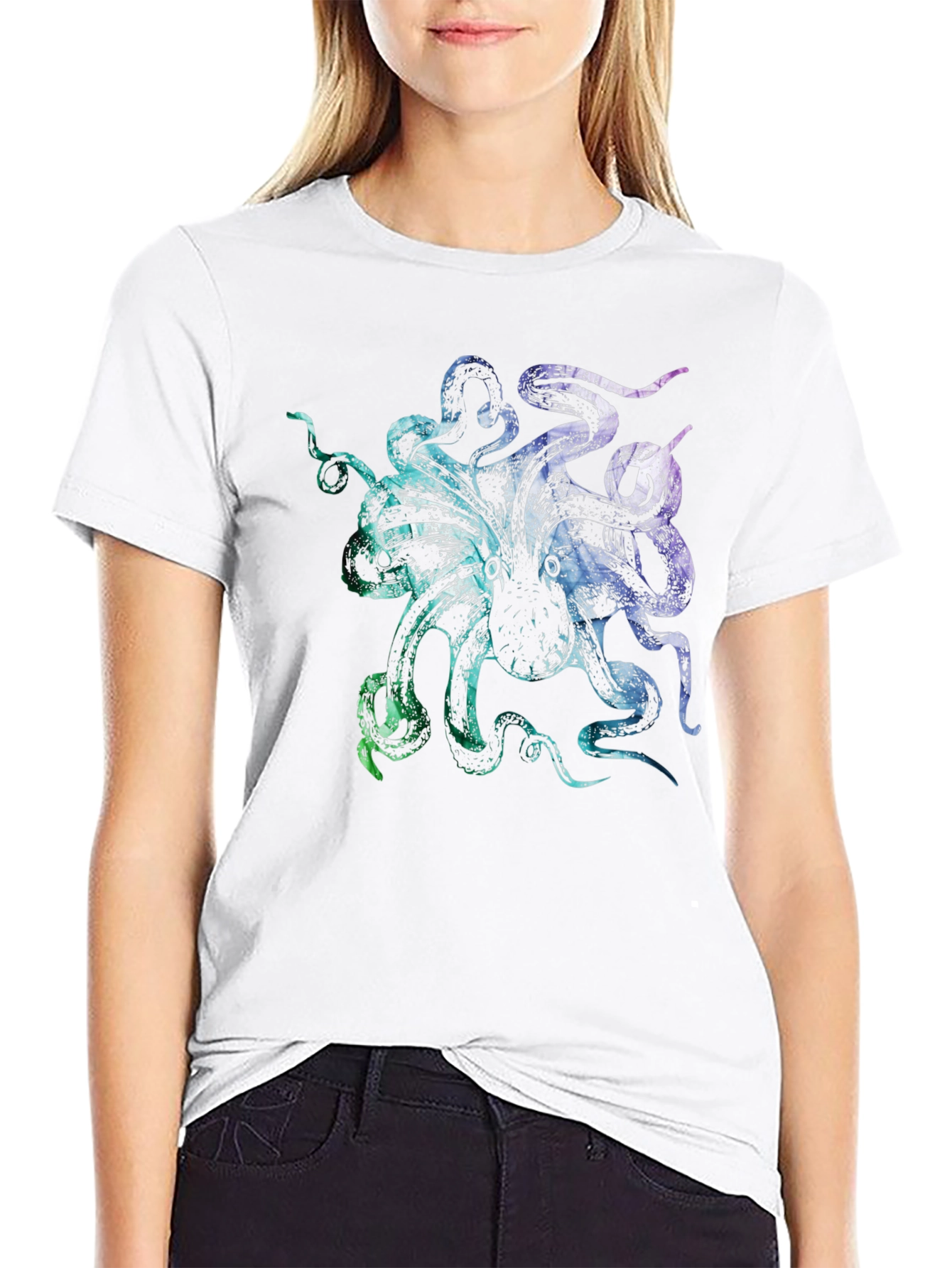 Colorful Octopus Graphic Print Black T-Shirt