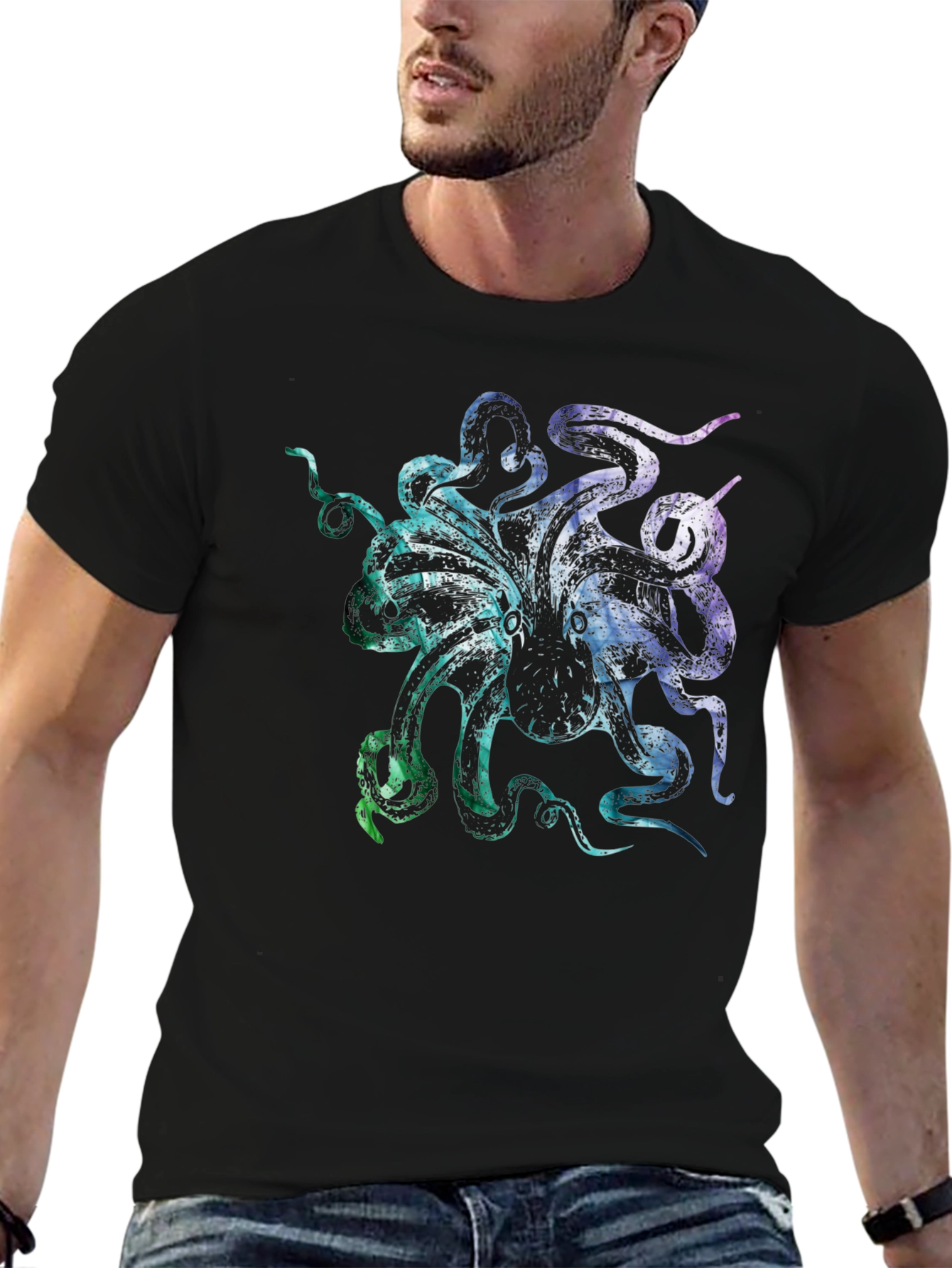 Colorful Octopus Graphic Print Black T-Shirt