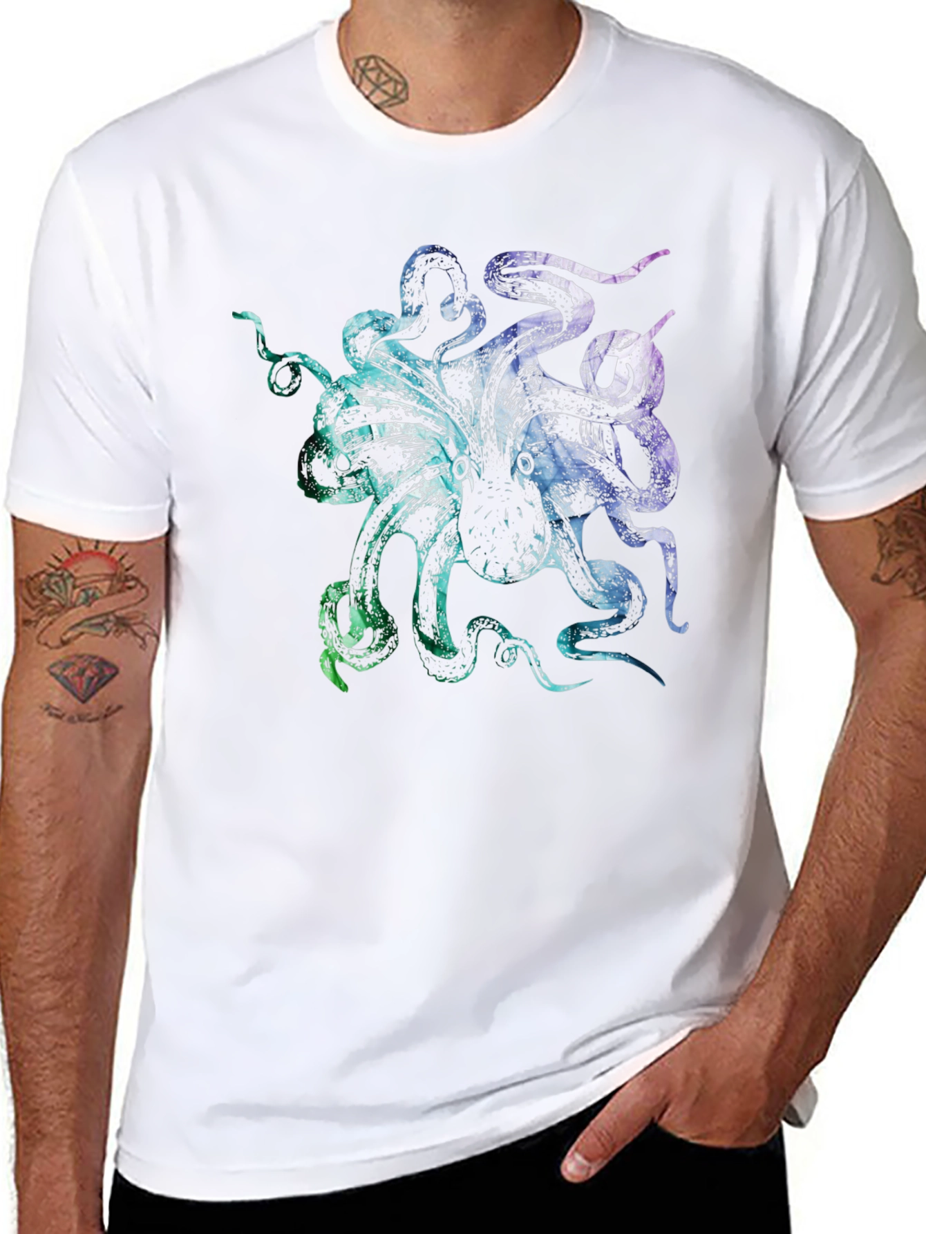 Colorful Octopus Graphic Print Black T-Shirt