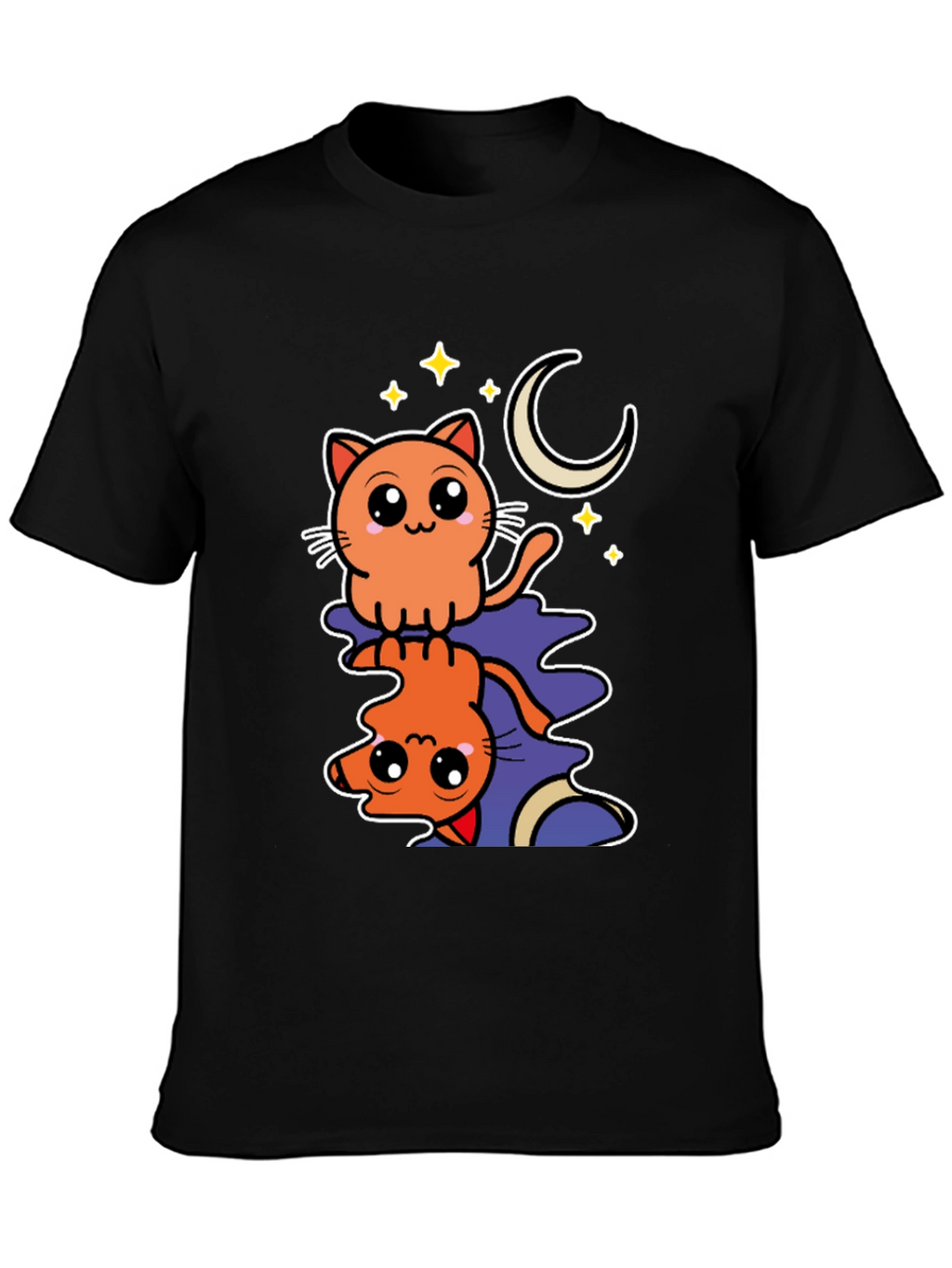 Cute Cat Moon Stars Black Graphic Tee