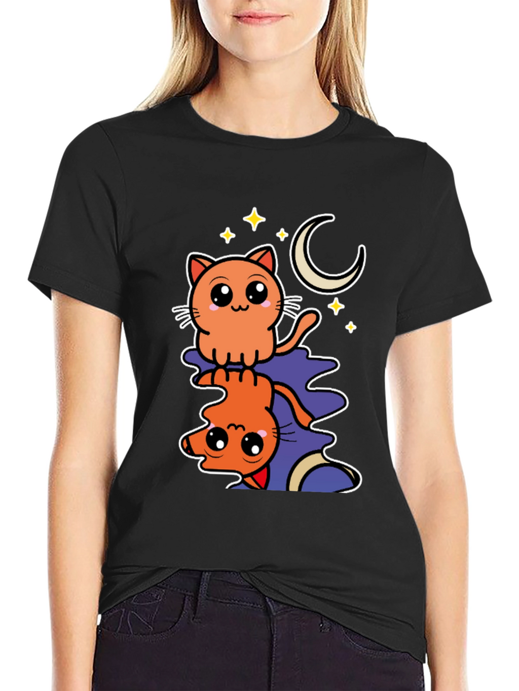 Cute Cat Moon Stars Black Graphic Tee