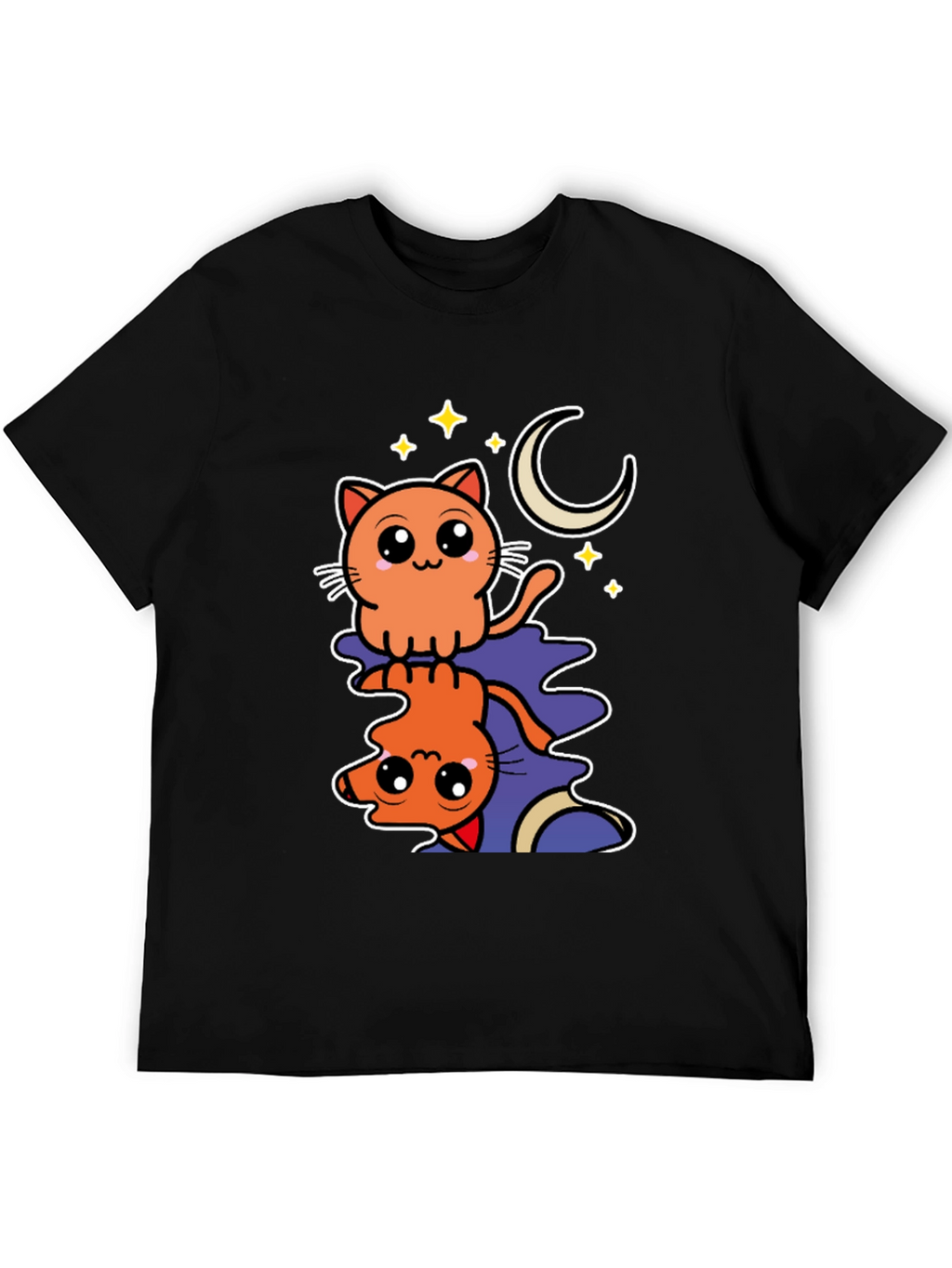 Cute Cat Moon Stars Black Graphic Tee