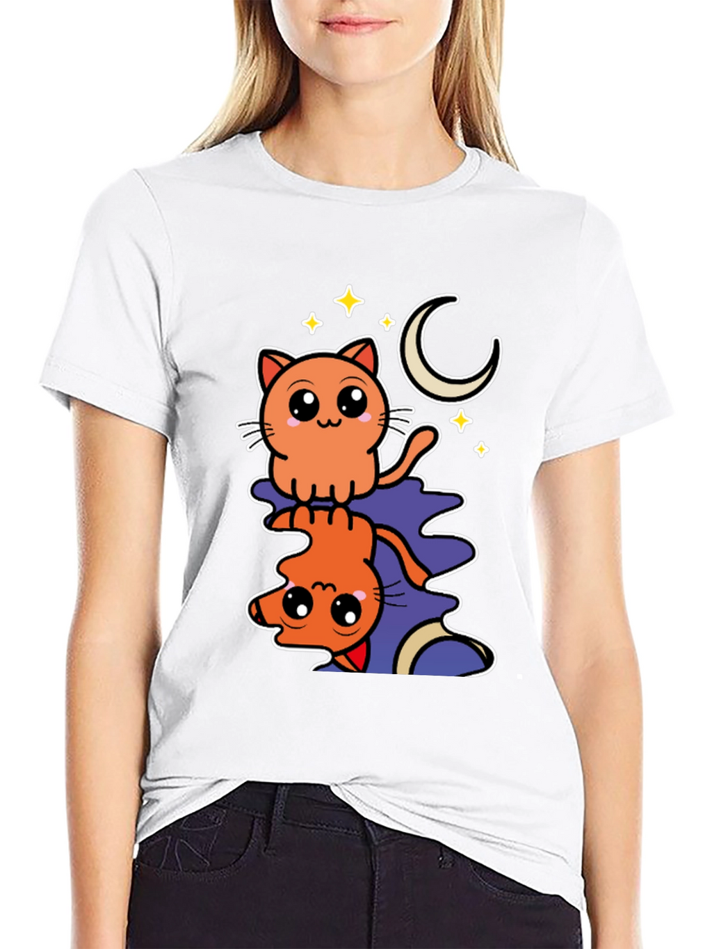 Cute Cat Moon Stars Black Graphic Tee