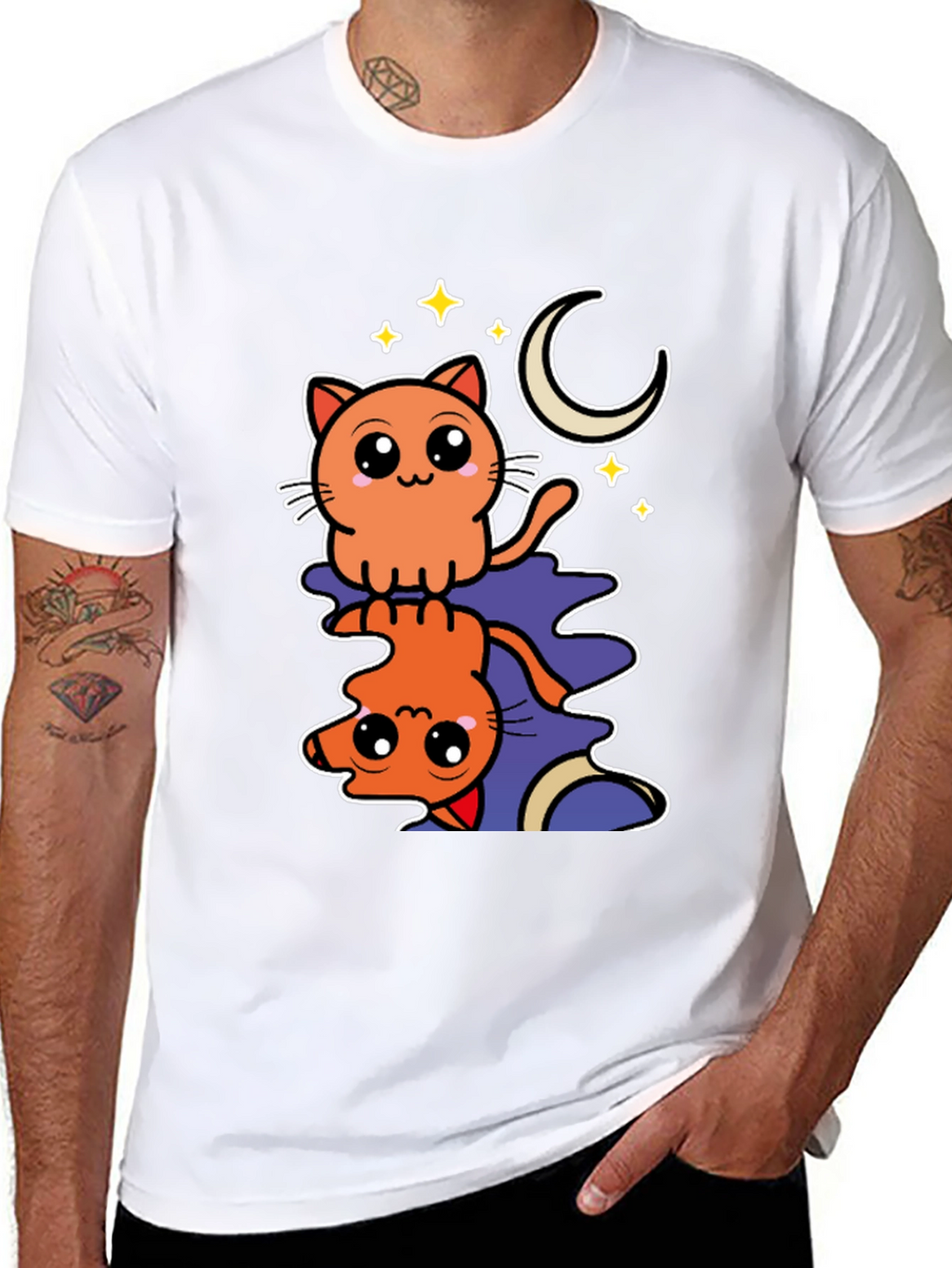 Cute Cat Moon Stars Black Graphic Tee