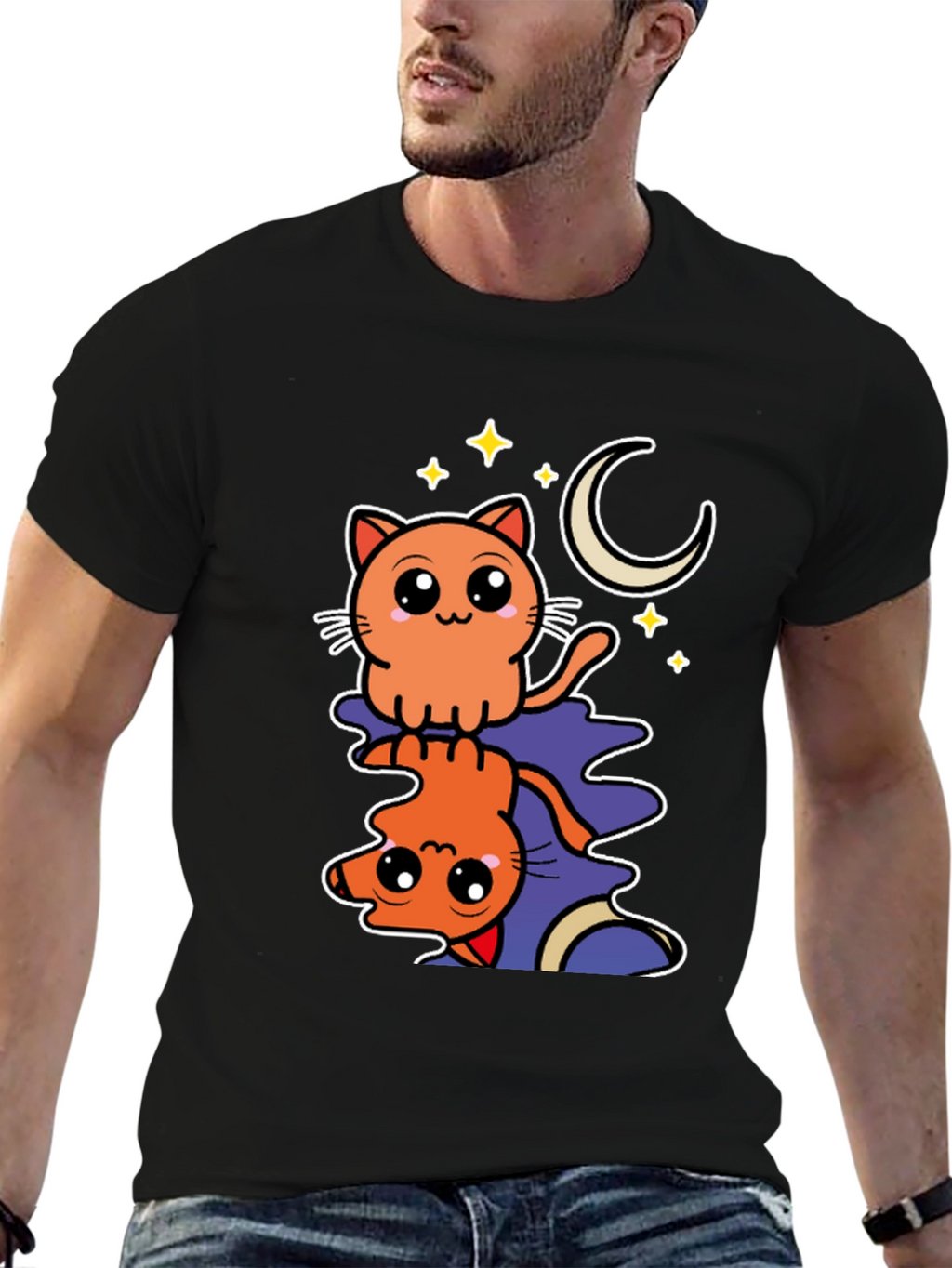 Cute Cat Moon Stars Black Graphic Tee