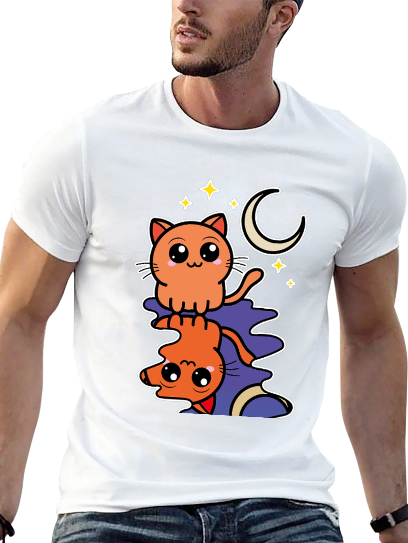 Cute Cat Moon Stars Black Graphic Tee