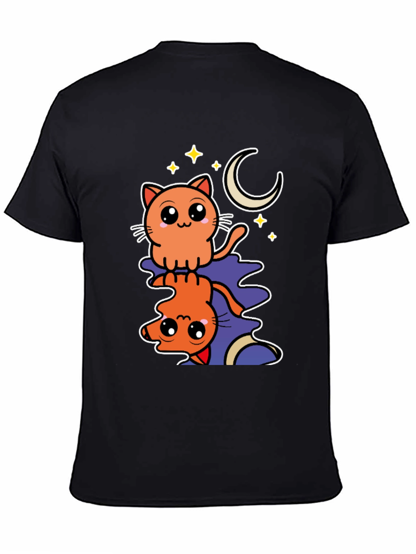 Cute Cat Moon Stars Black Graphic Tee