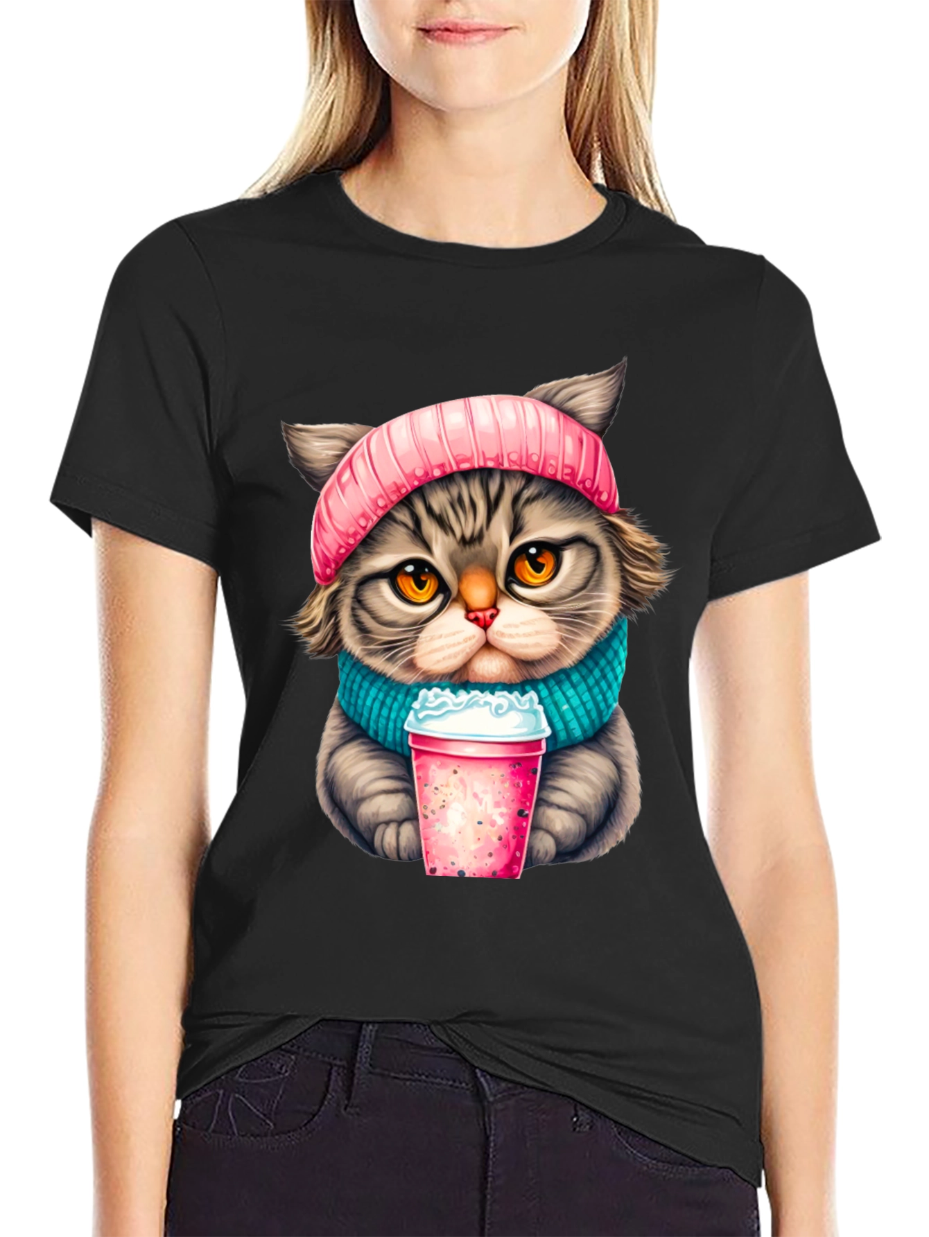 Cat Lover T-Shirt: Cozy Kitten with Drink Design