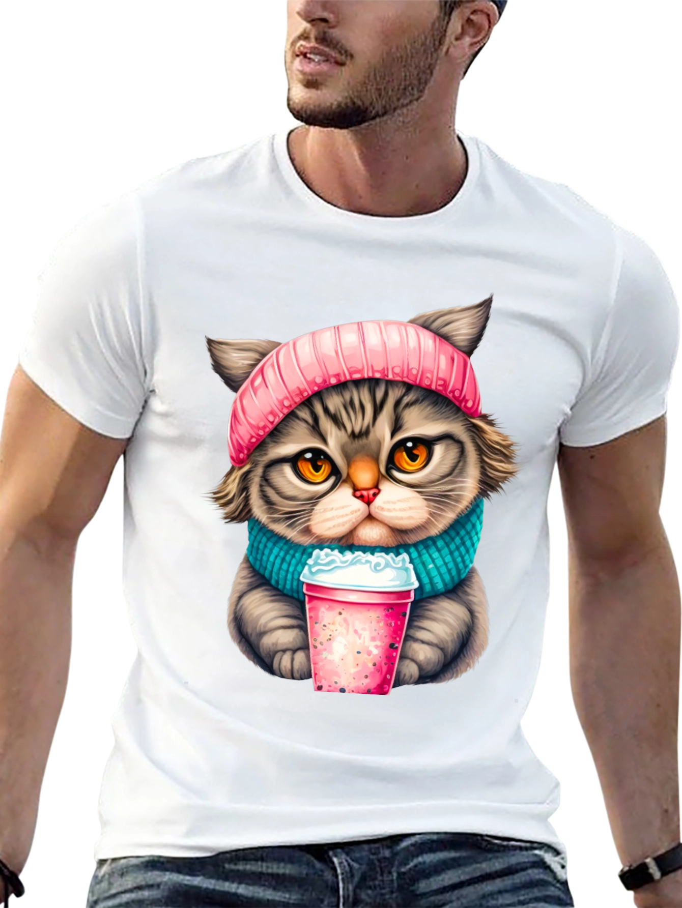 Cat Lover T-Shirt: Cozy Kitten with Drink Design