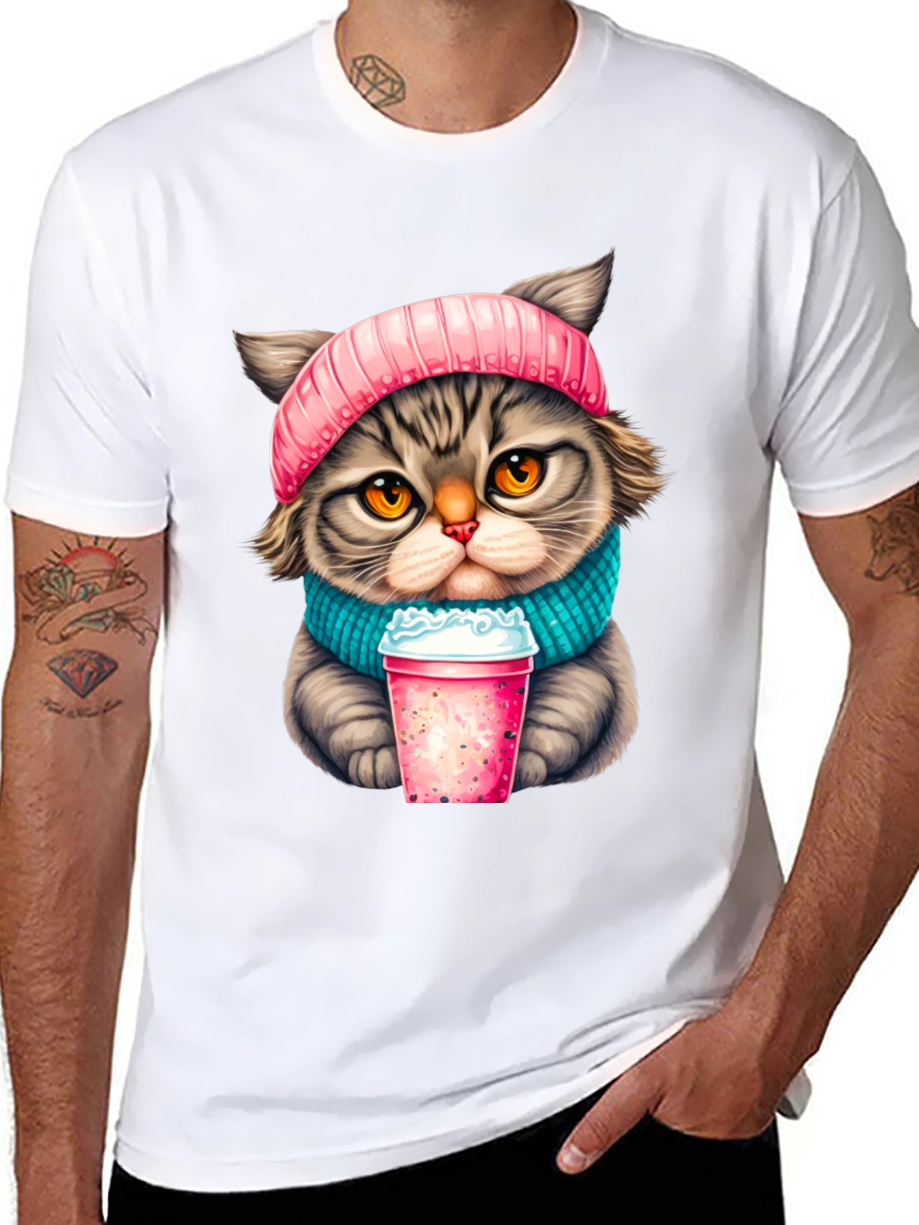 Cat Lover T-Shirt: Cozy Kitten with Drink Design