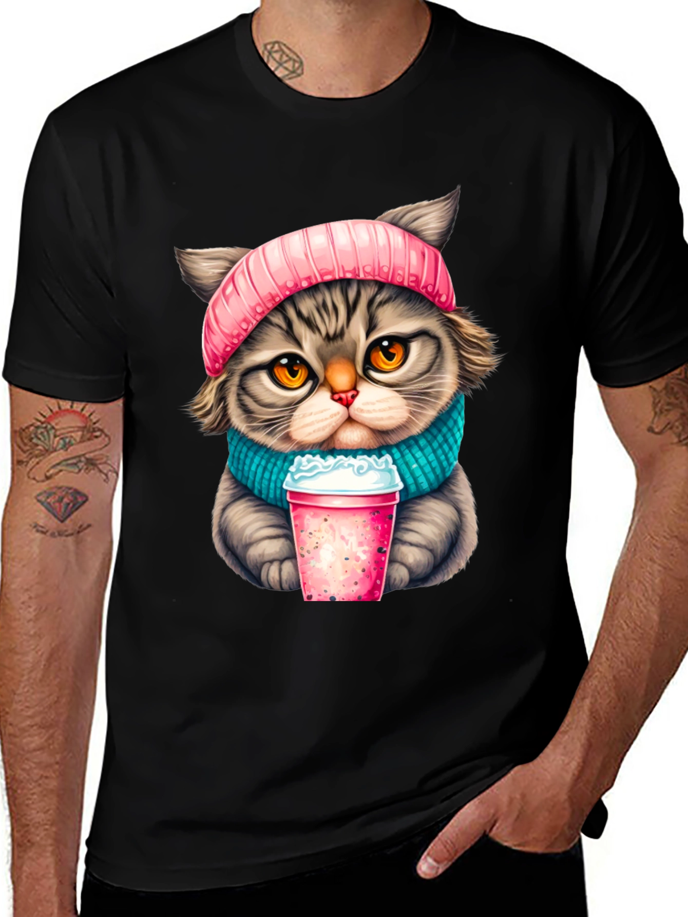 Cat Lover T-Shirt: Cozy Kitten with Drink Design