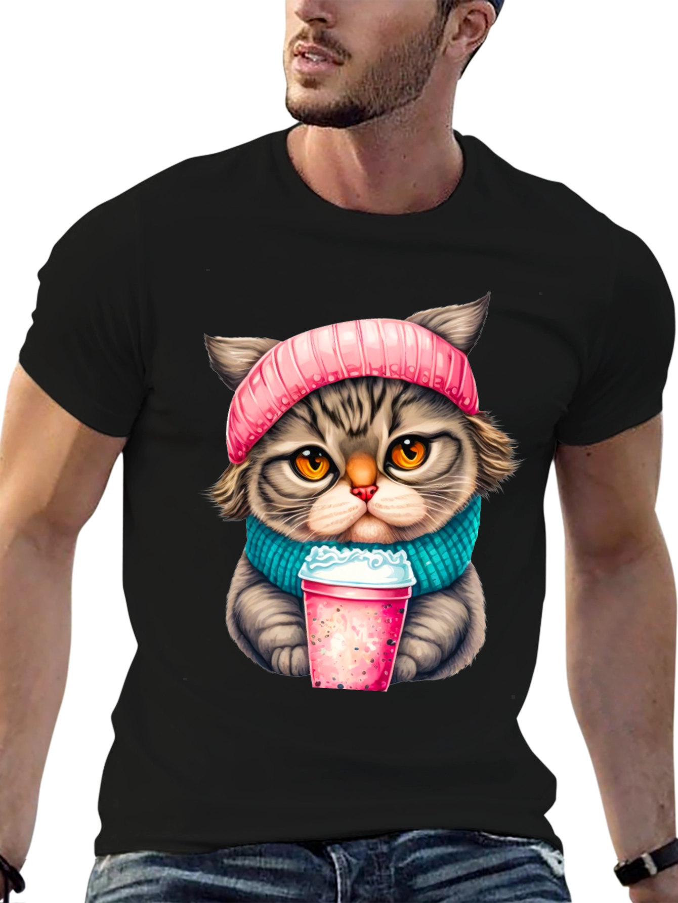 Cat Lover T-Shirt: Cozy Kitten with Drink Design