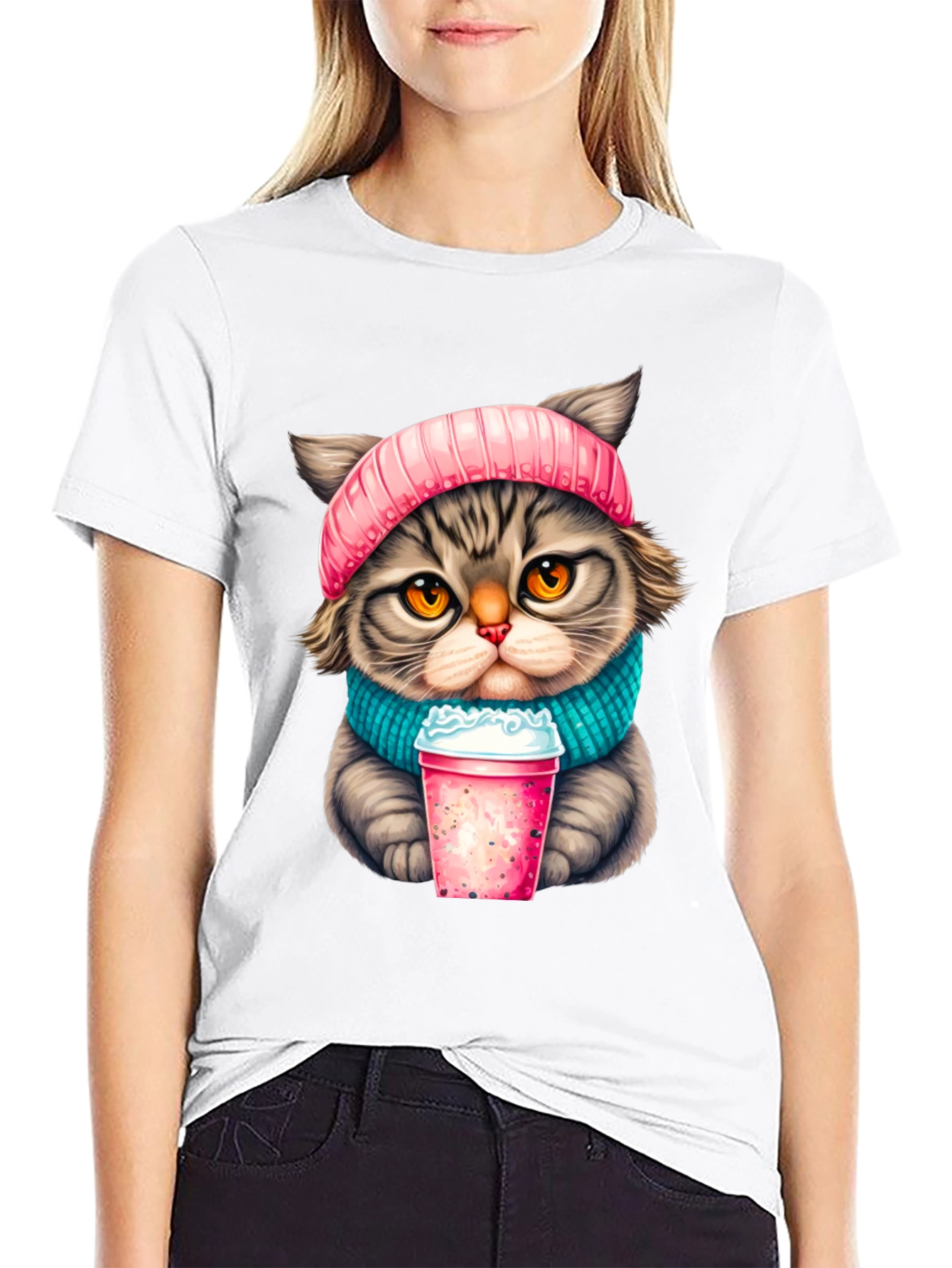 Cat Lover T-Shirt: Cozy Kitten with Drink Design
