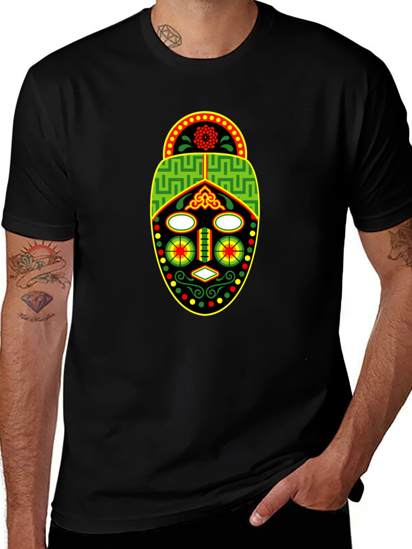 African Mask Graphic Tee - Black Crew Neck T-Shirt