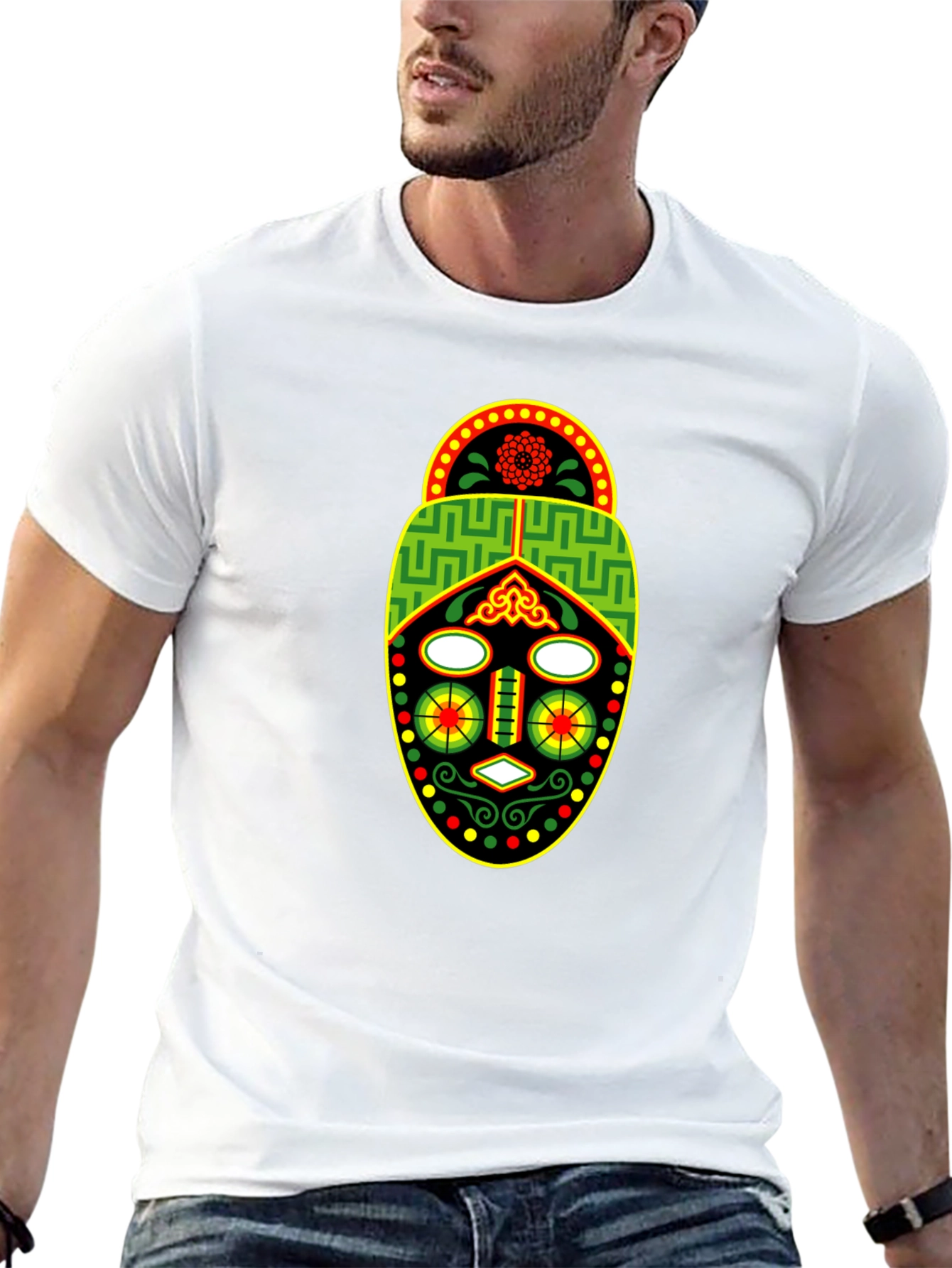 African Mask Graphic Tee - Black Crew Neck T-Shirt