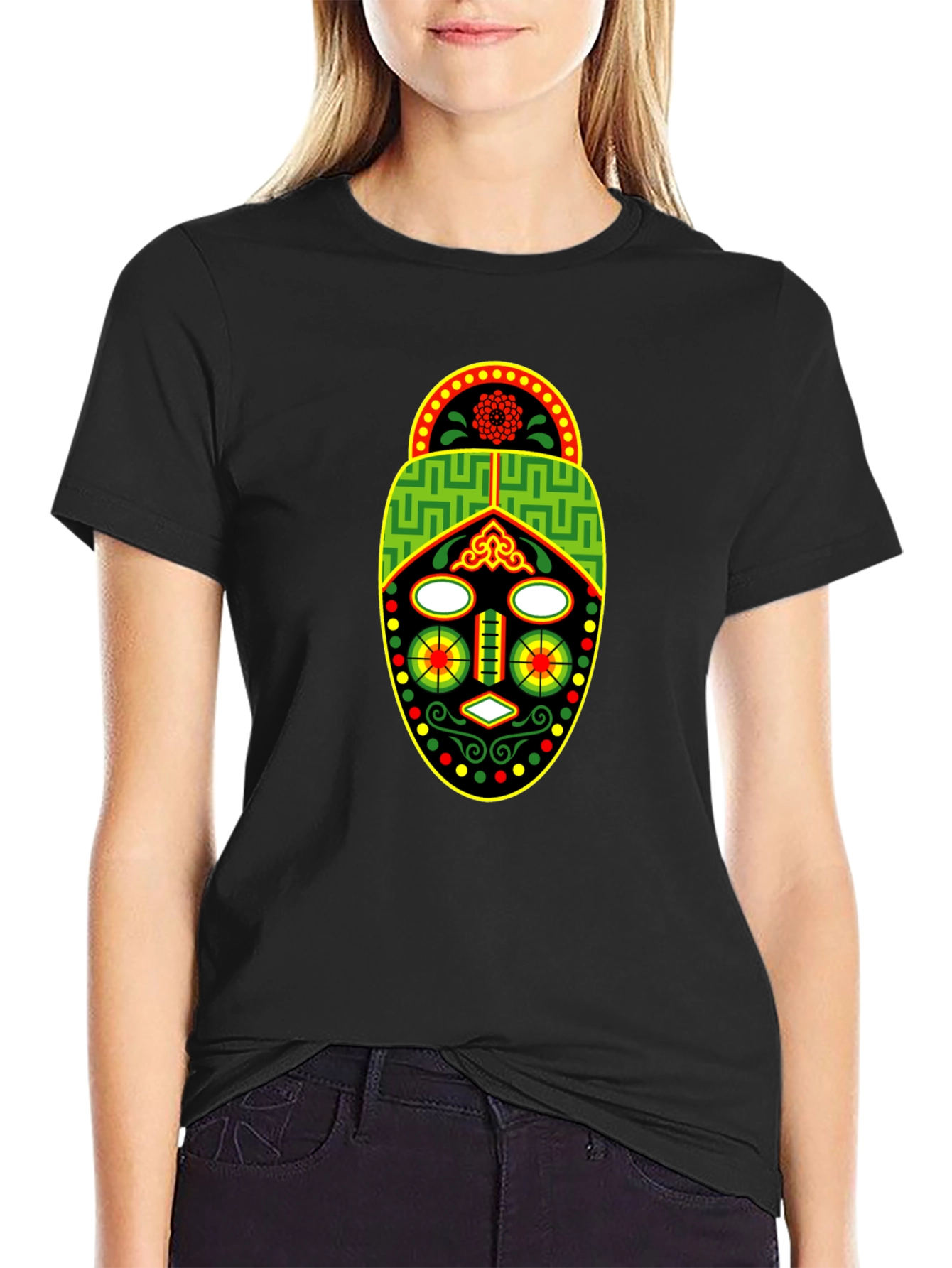 African Mask Graphic Tee - Black Crew Neck T-Shirt