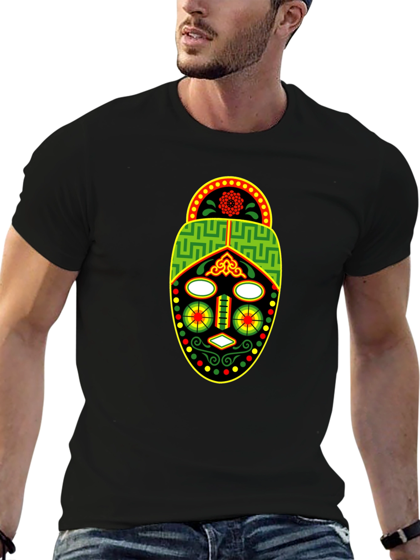 African Mask Graphic Tee - Black Crew Neck T-Shirt