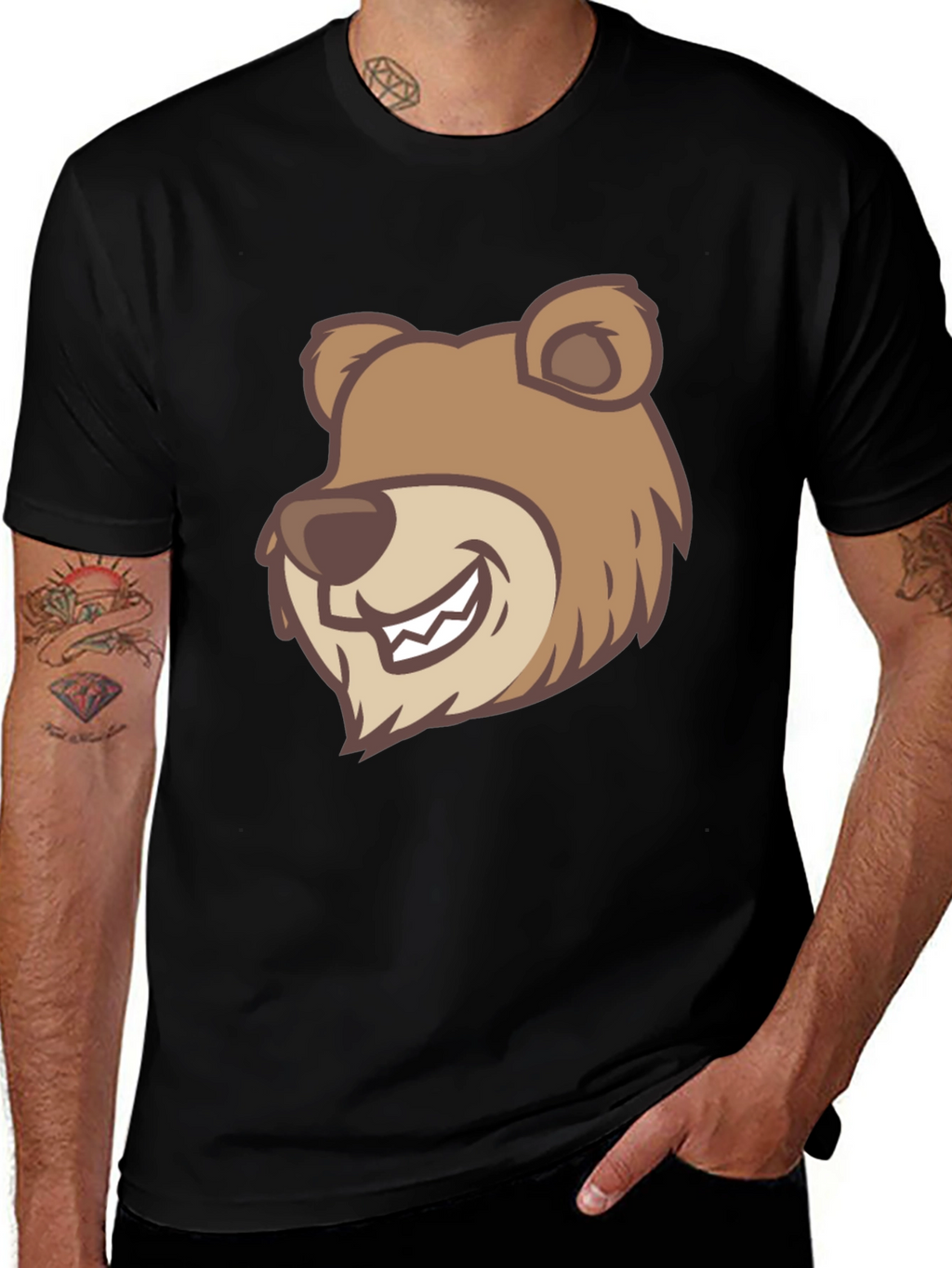 Cartoon Bear Graphic T-Shirt - Black