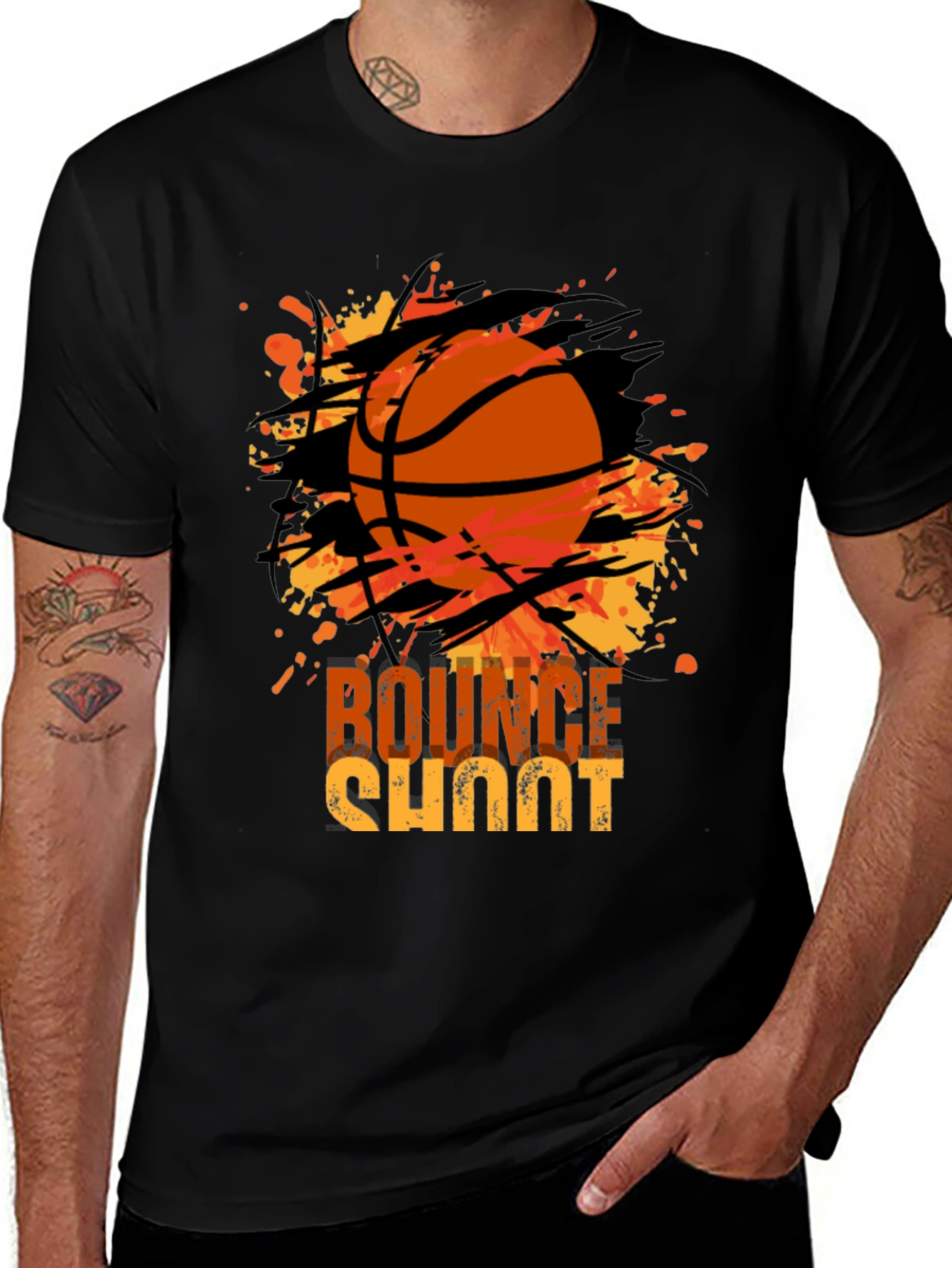 Basketball Bounce Shoot Graphic Tee - Black Cotton