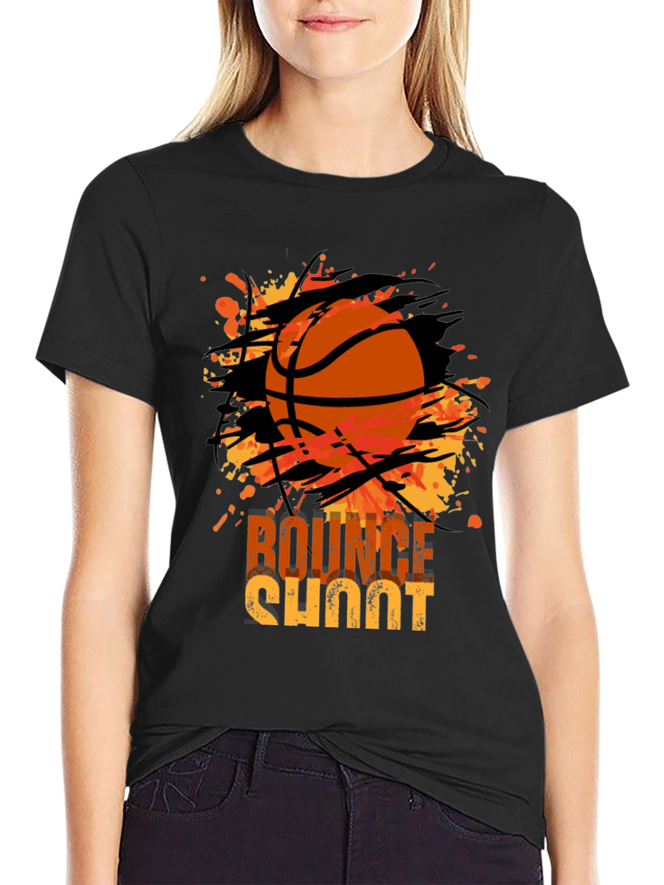 Basketball Bounce Shoot Graphic Tee - Black Cotton