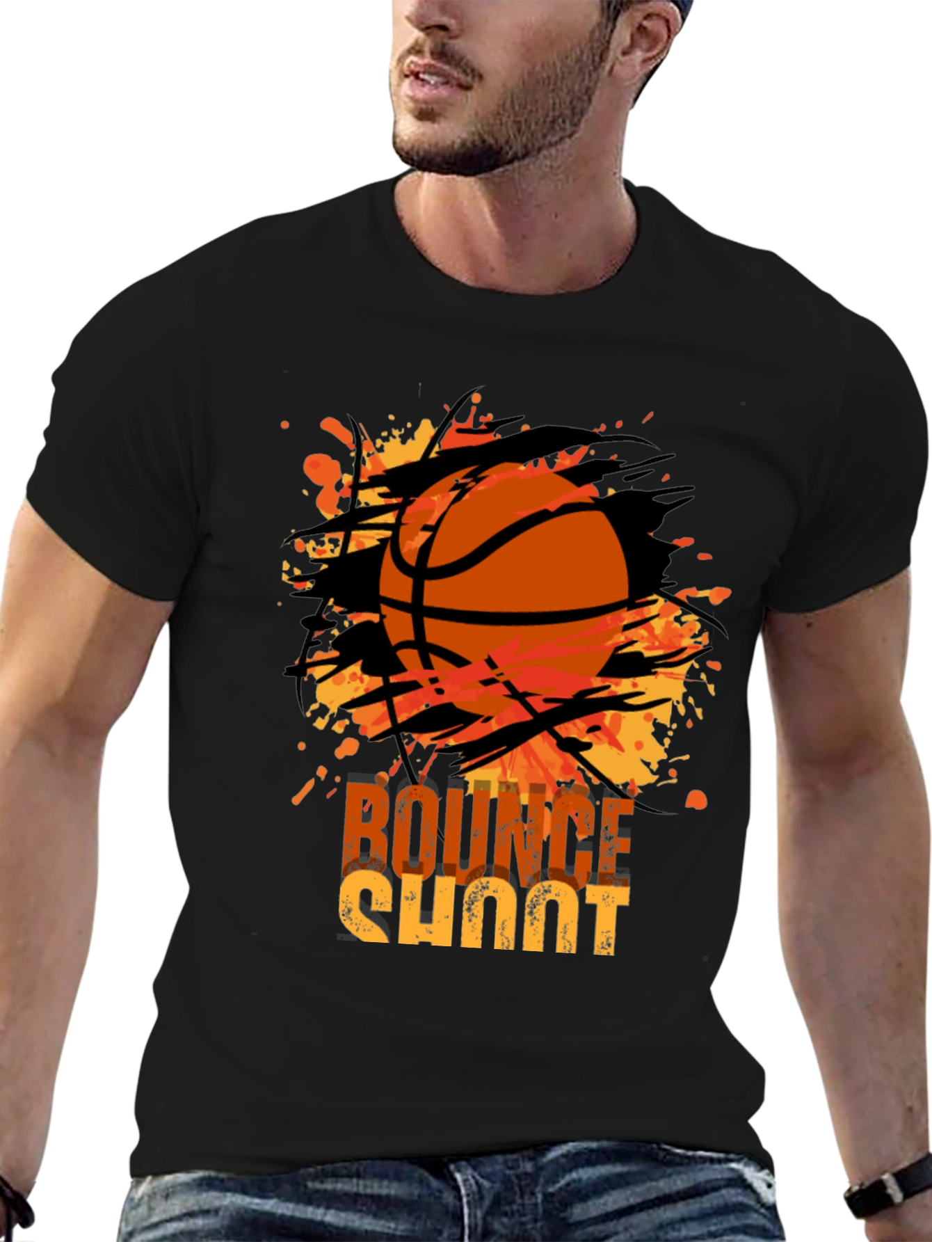 Basketball Bounce Shoot Graphic Tee - Black Cotton