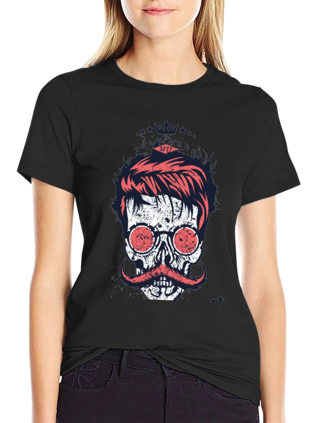 Cool Skull with Mustache Graphic Print T-Shirt
