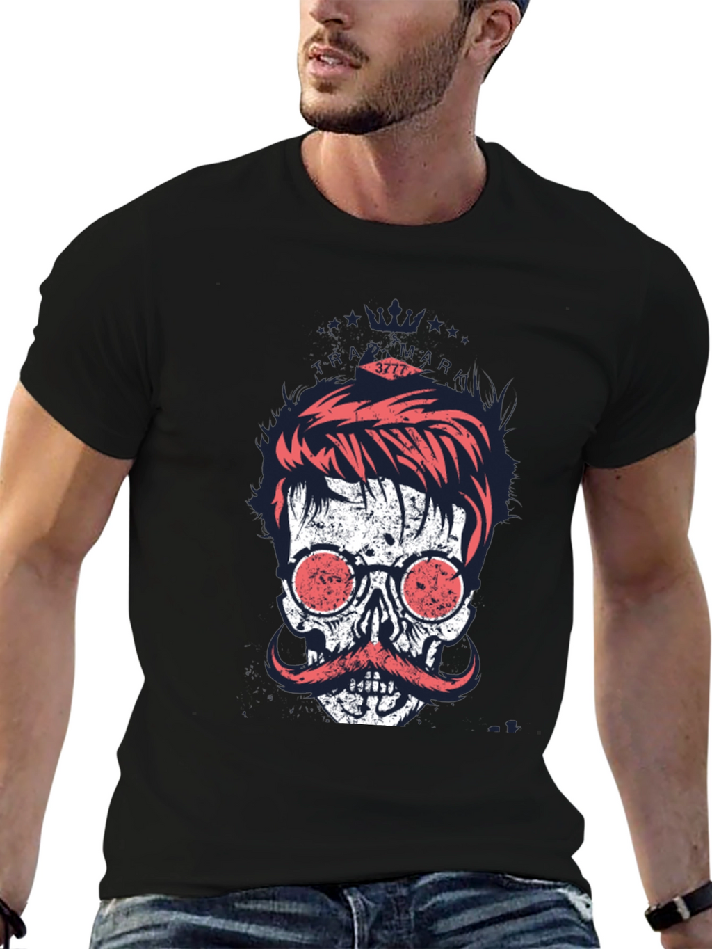 Cool Skull with Mustache Graphic Print T-Shirt