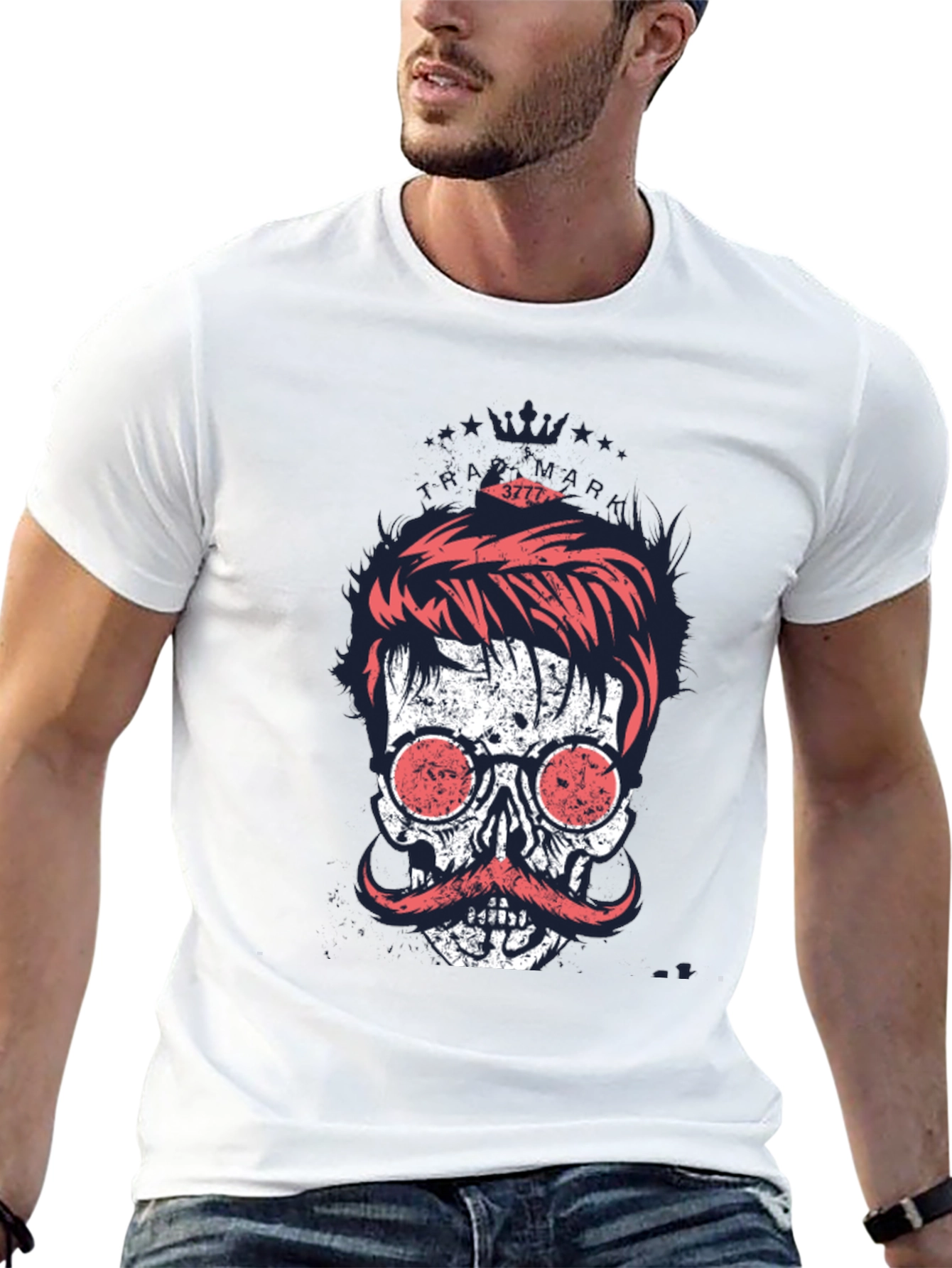 Cool Skull with Mustache Graphic Print T-Shirt
