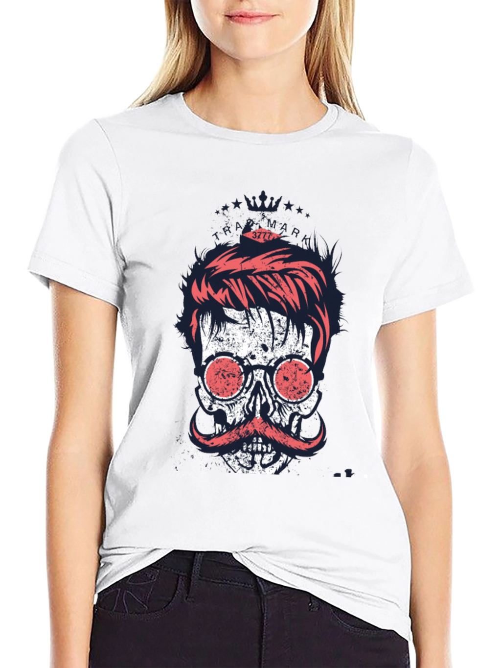 Cool Skull with Mustache Graphic Print T-Shirt