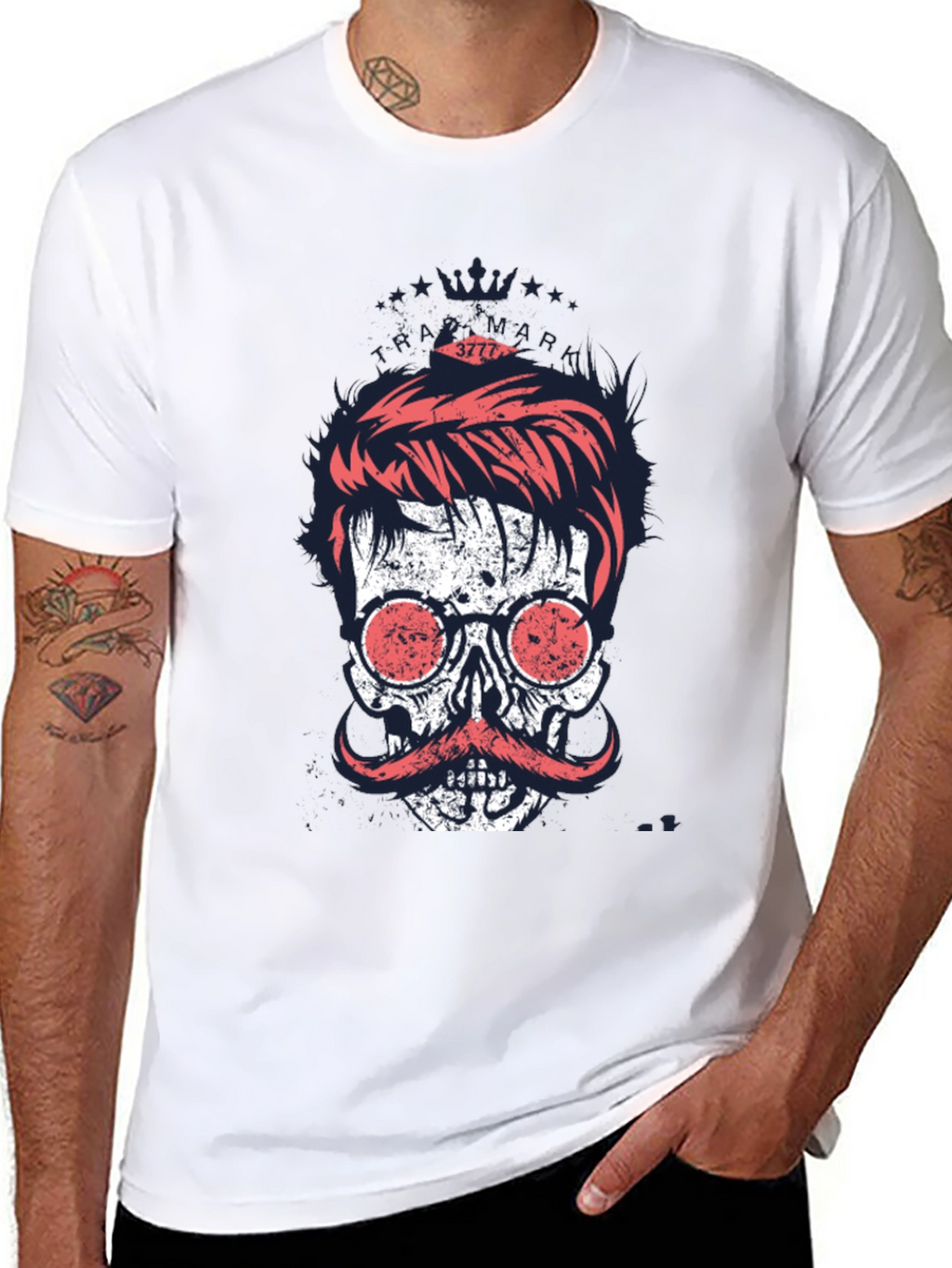 Cool Skull with Mustache Graphic Print T-Shirt