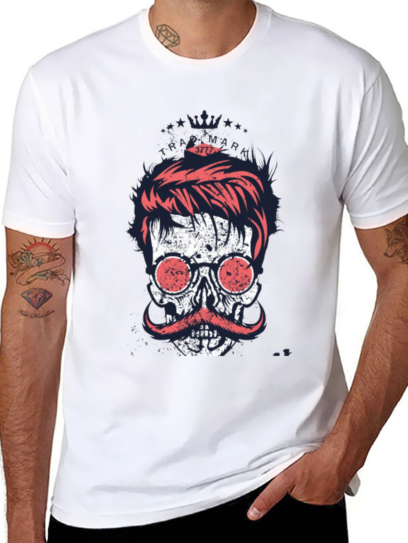 Cool Skull with Mustache Graphic Print T-Shirt
