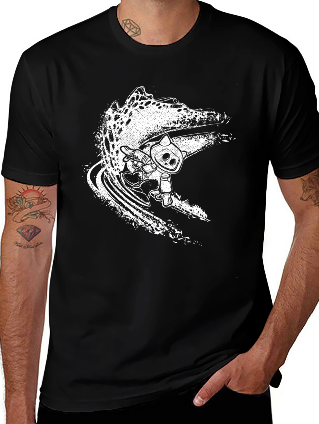Cool Black Surf Cat Graphic Tee