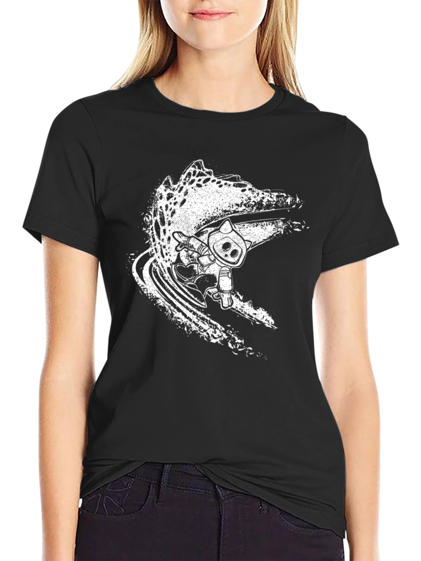 Cool Black Surf Cat Graphic Tee