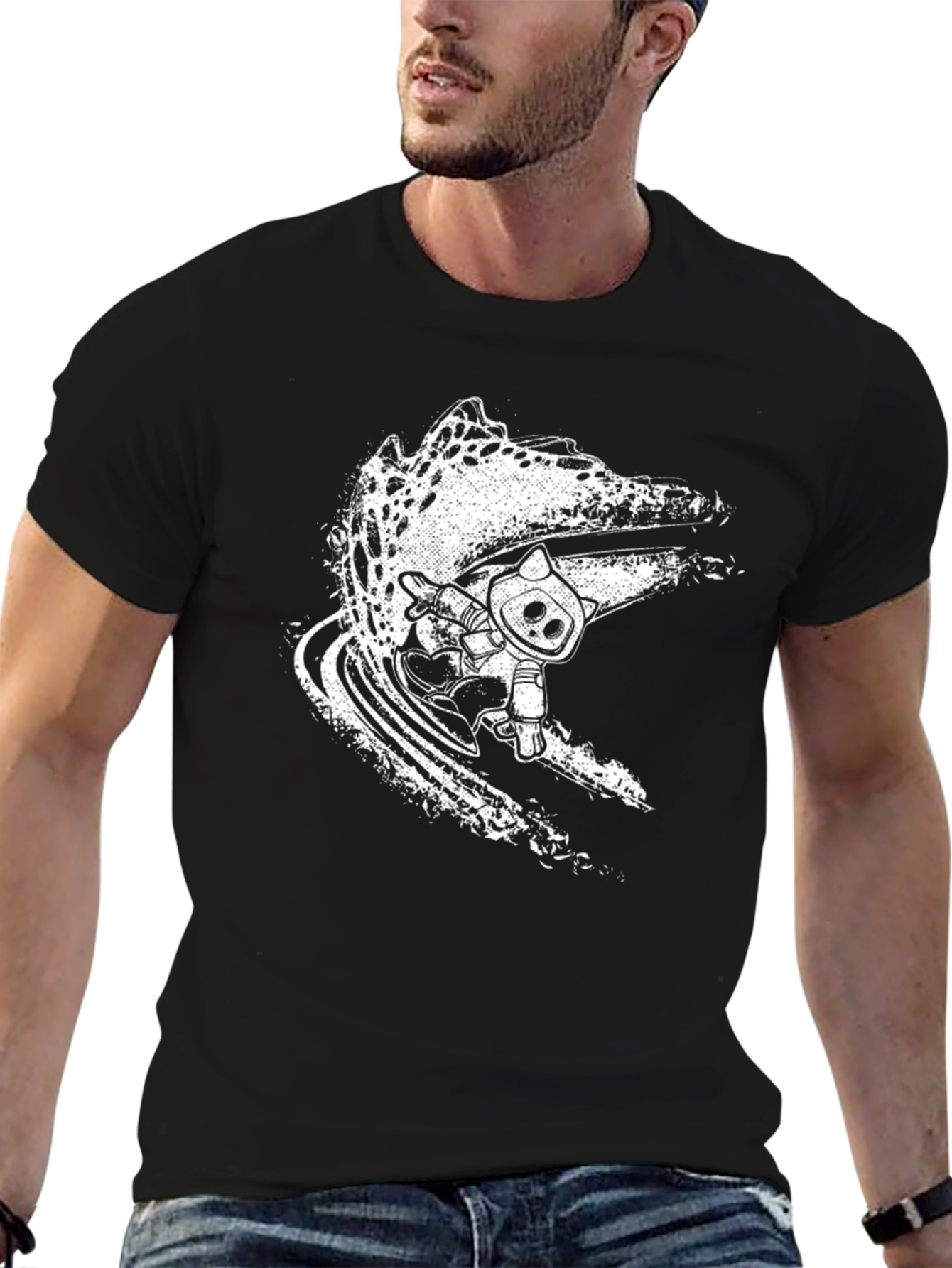 Cool Black Surf Cat Graphic Tee