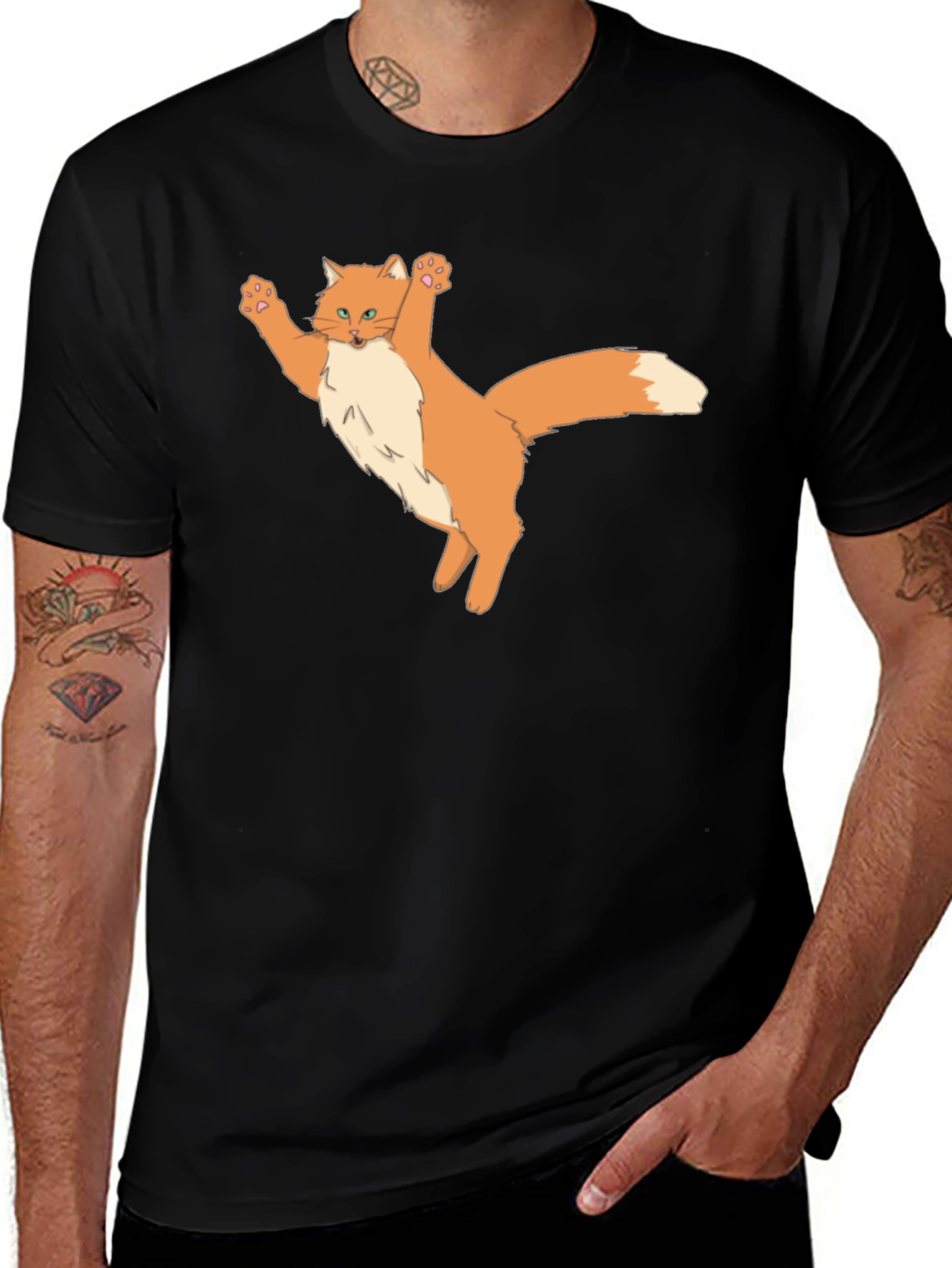 Black T-Shirt with Cartoon Cat Design