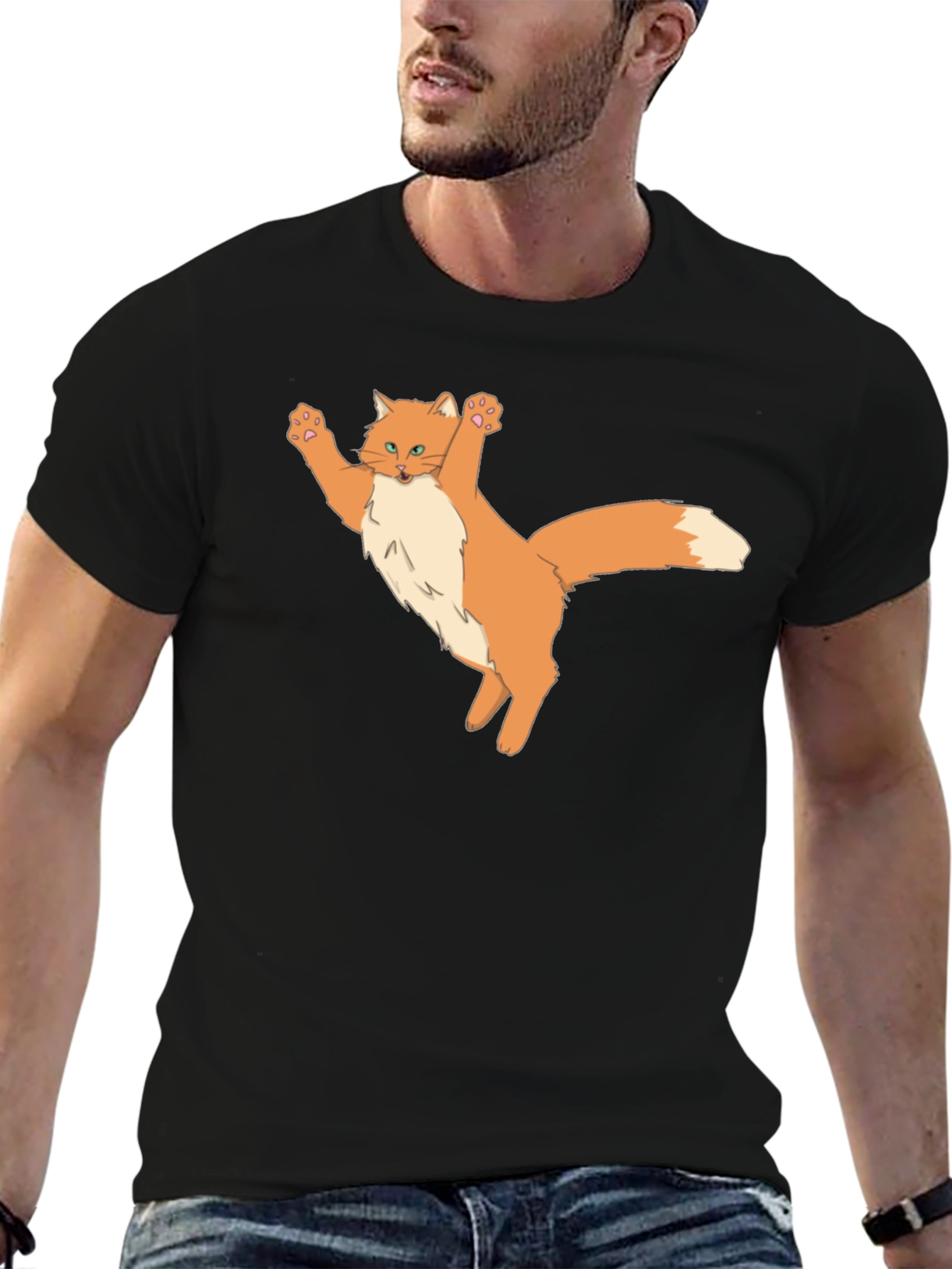 Black T-Shirt with Cartoon Cat Design