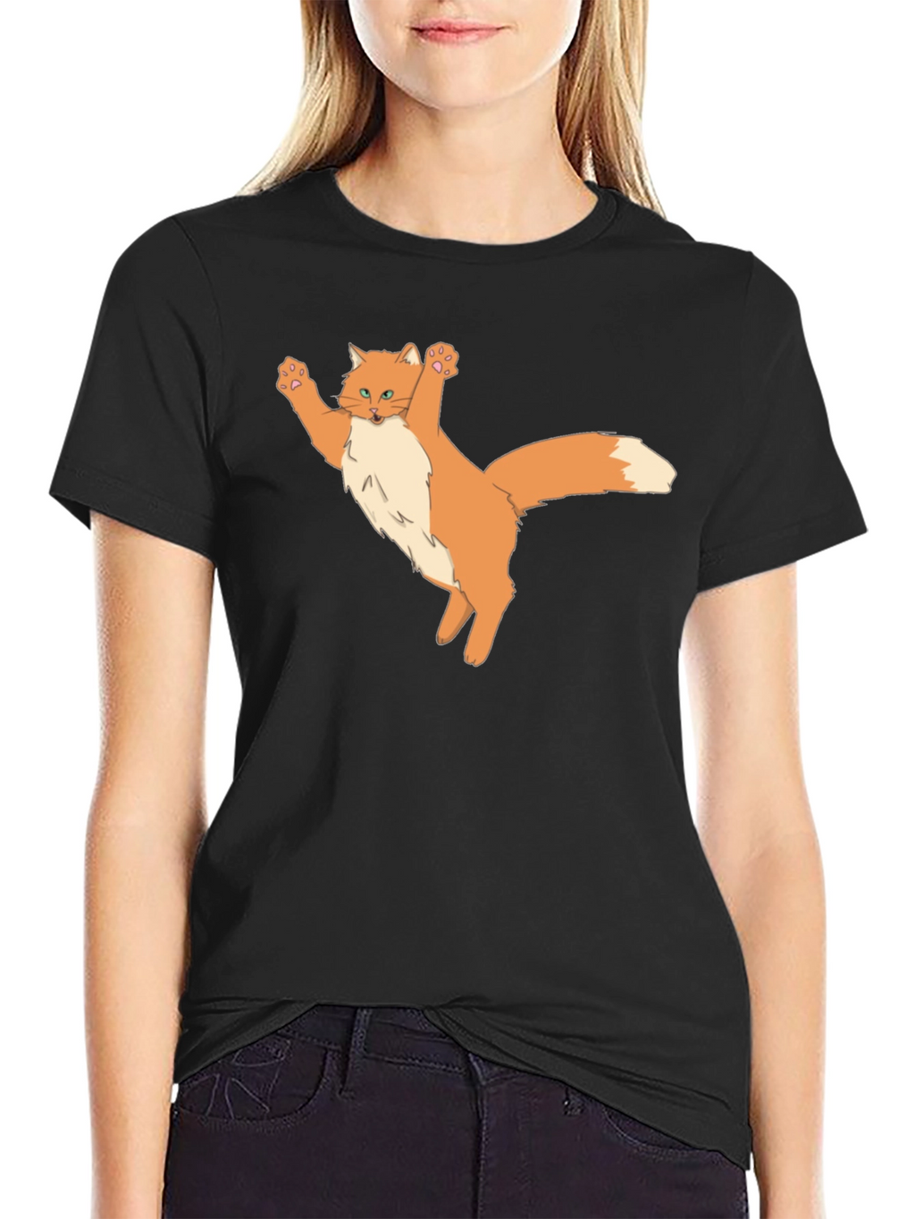 Black T-Shirt with Cartoon Cat Design