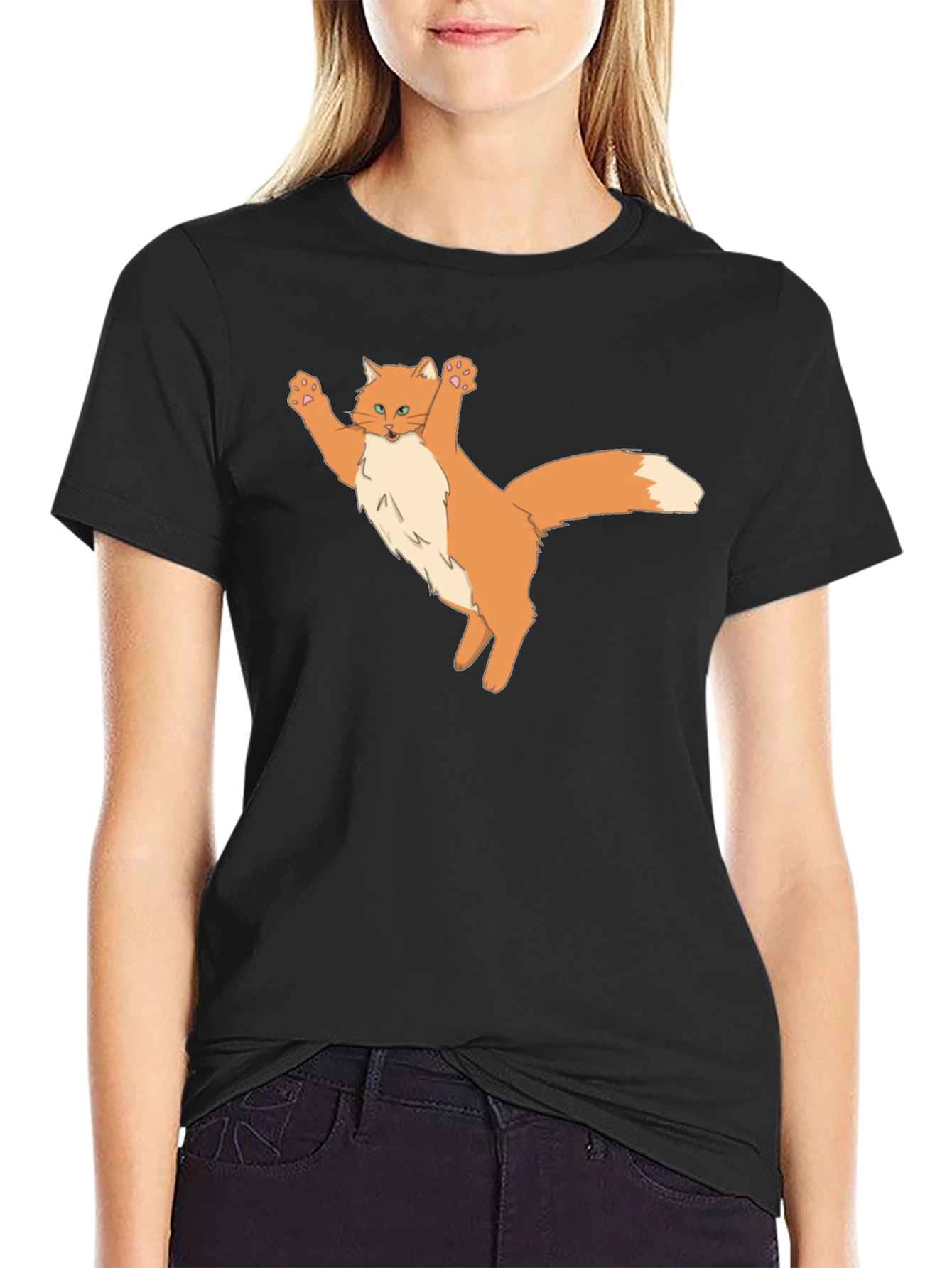 Black T-Shirt with Cartoon Cat Design