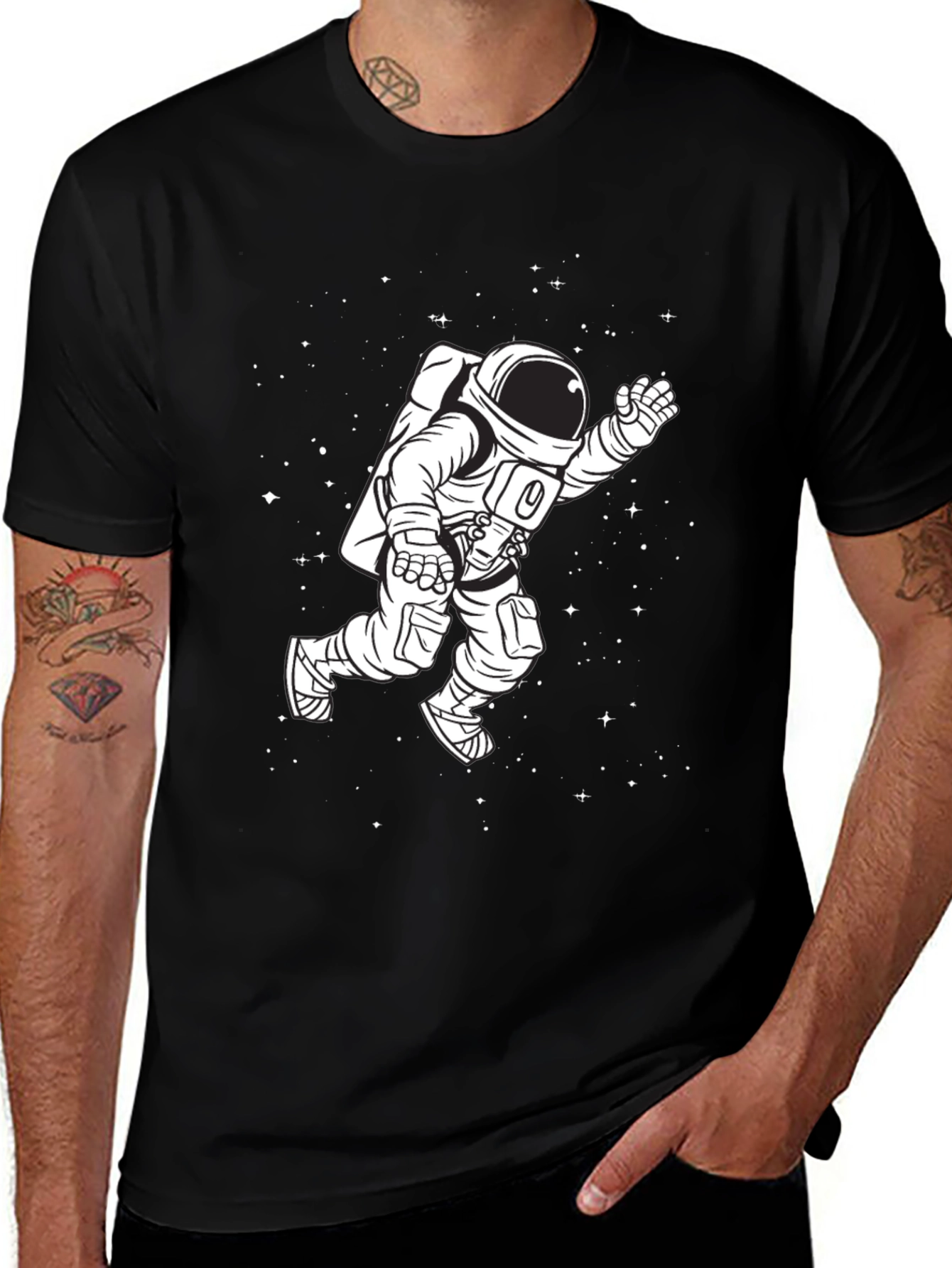 Astronaut in Space Graphic Tee - Black Cotton T-Shirt