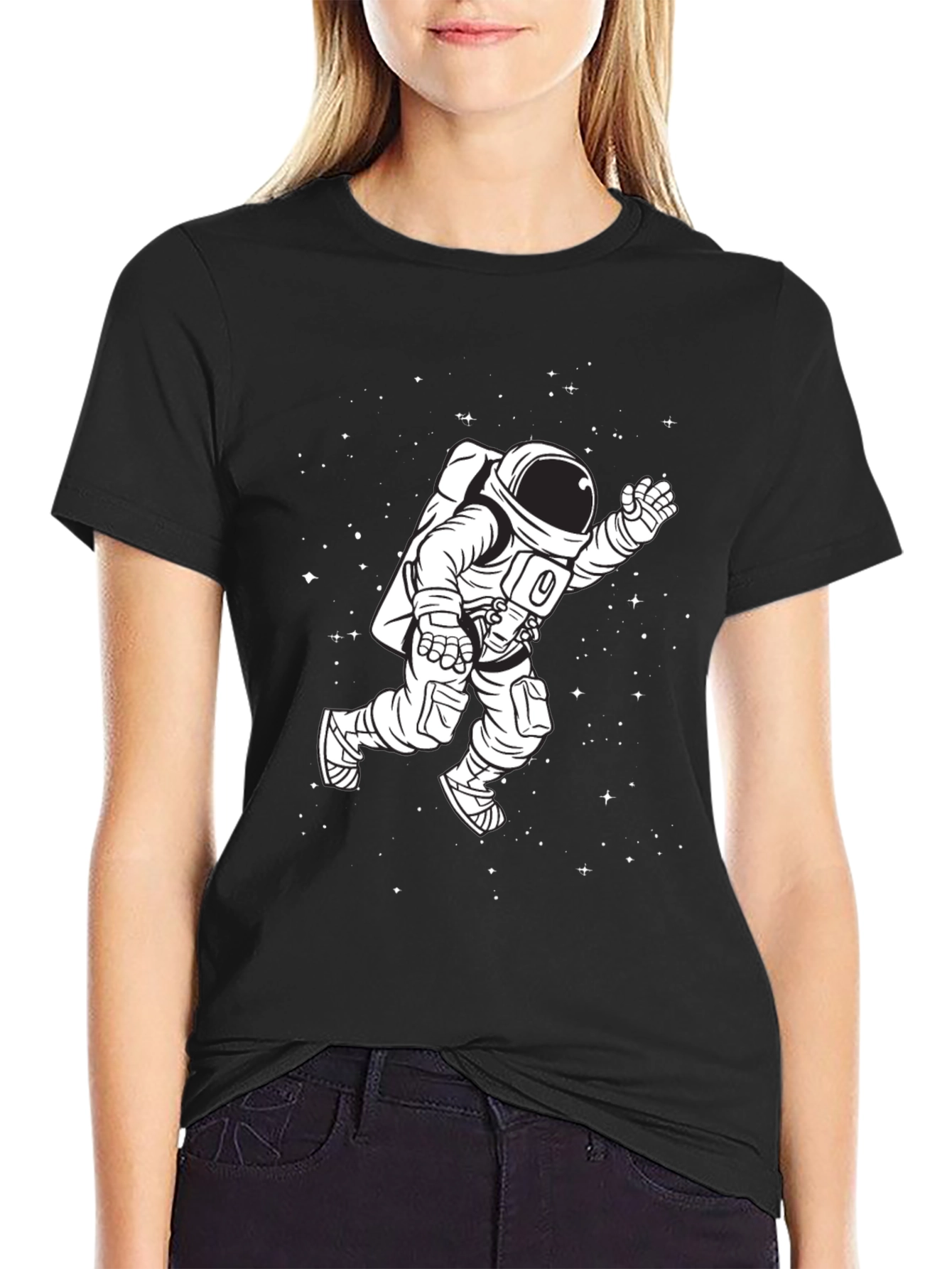 Astronaut in Space Graphic Tee - Black Cotton T-Shirt