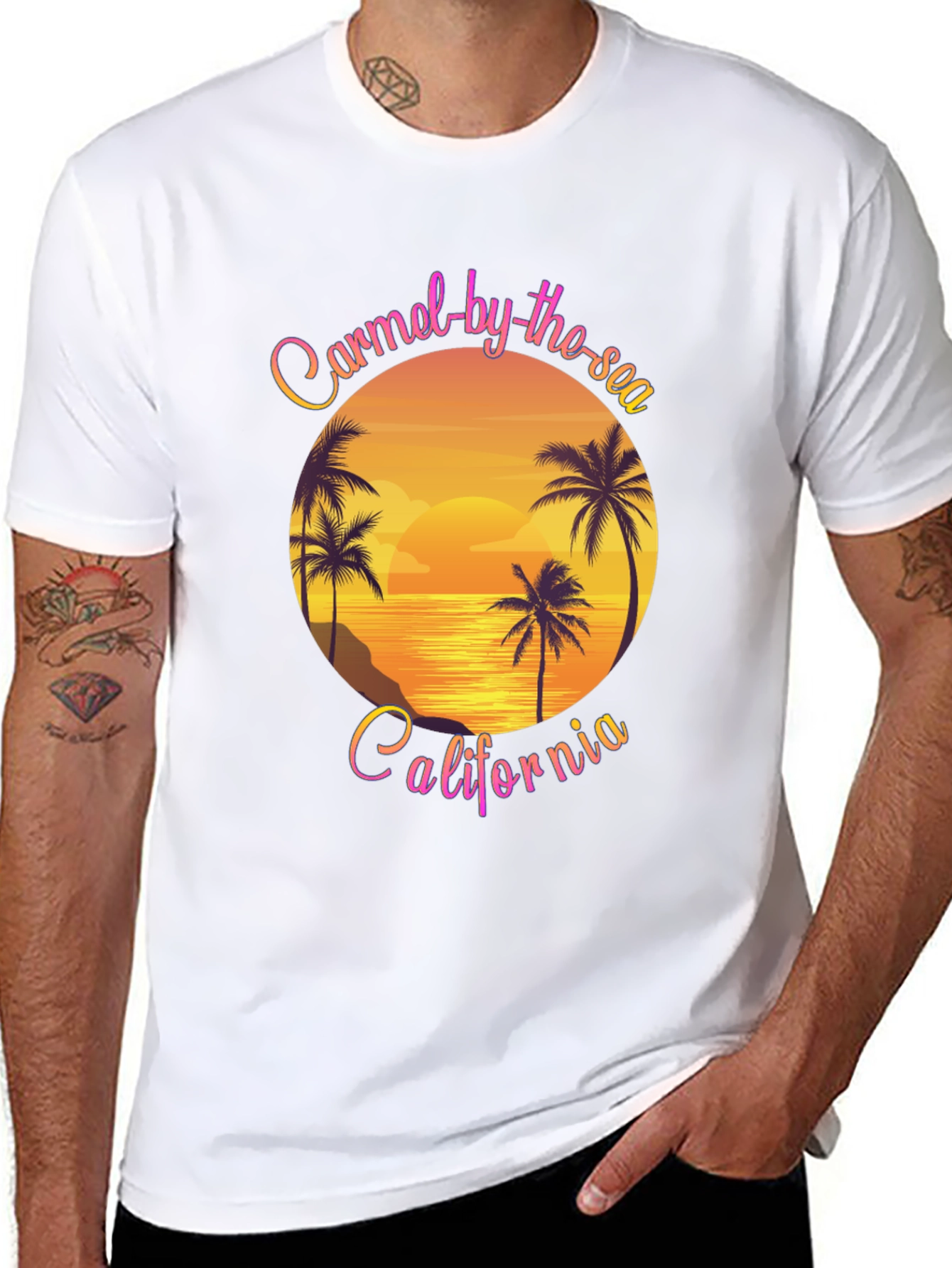 Carmel-by-the-Sea California Graphic Tee - Sunset Palm Design