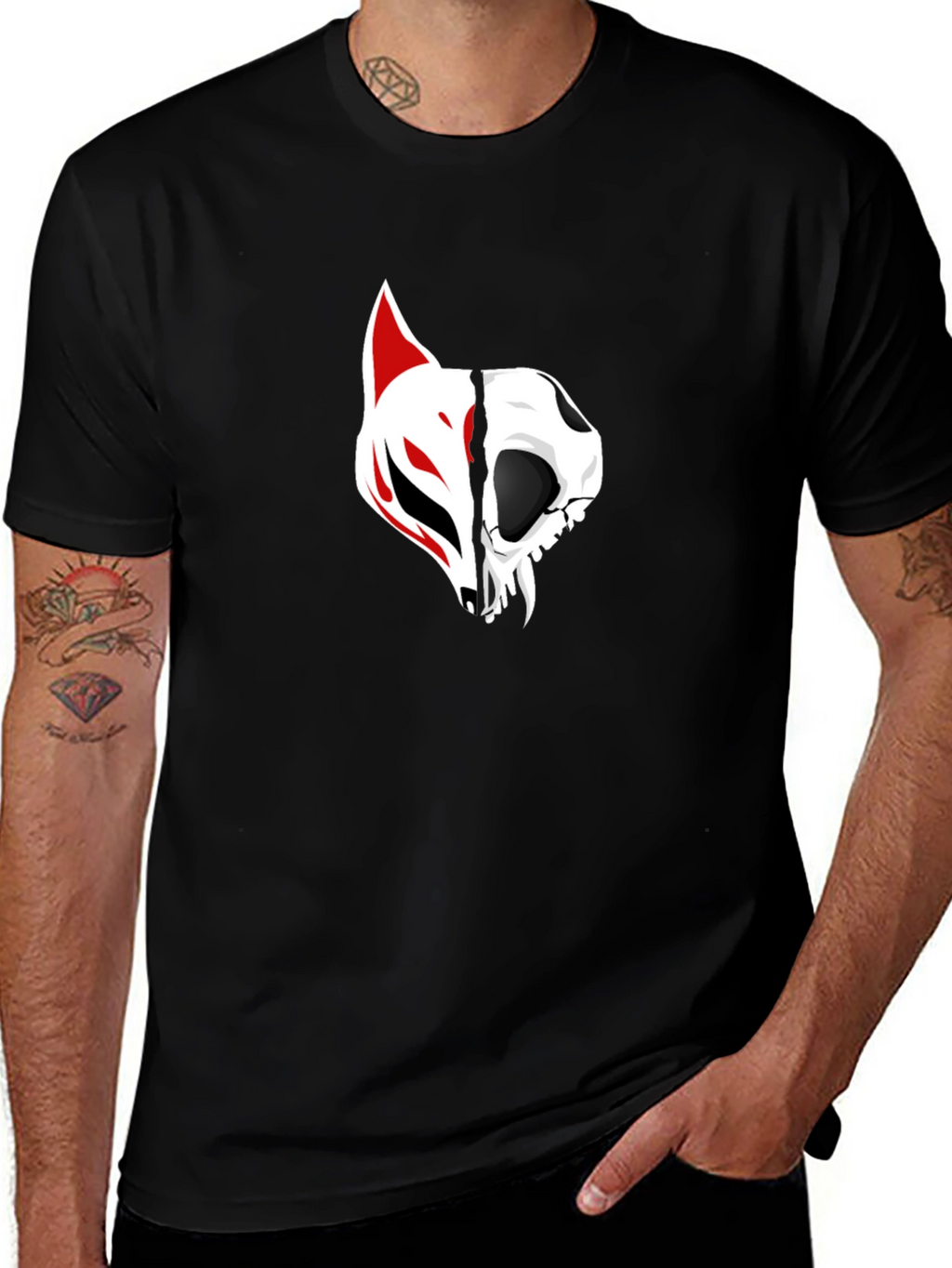 Black Tee with Fox and Skull Graphic