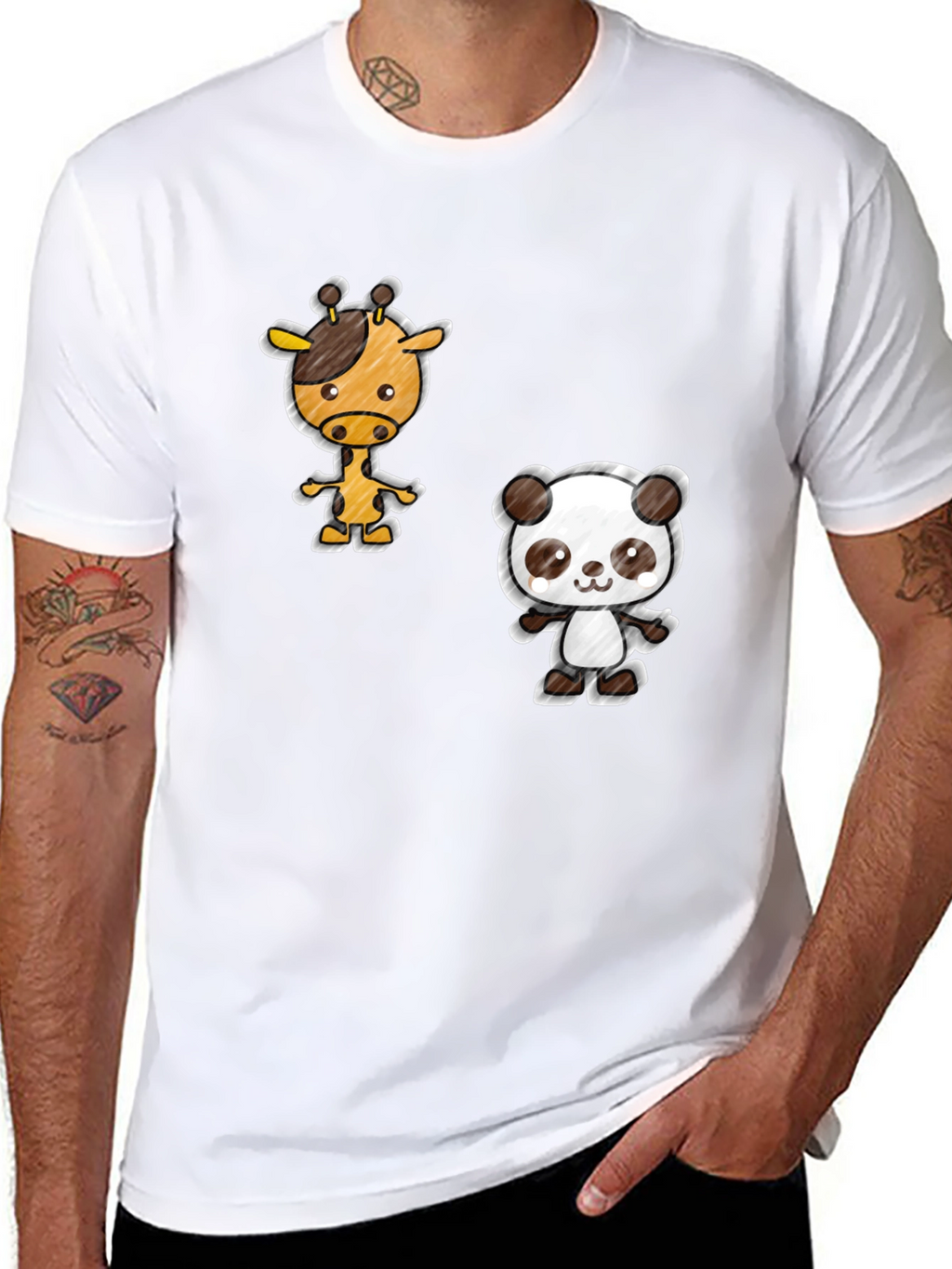 Cartoon Giraffe & Panda Black T-Shirt