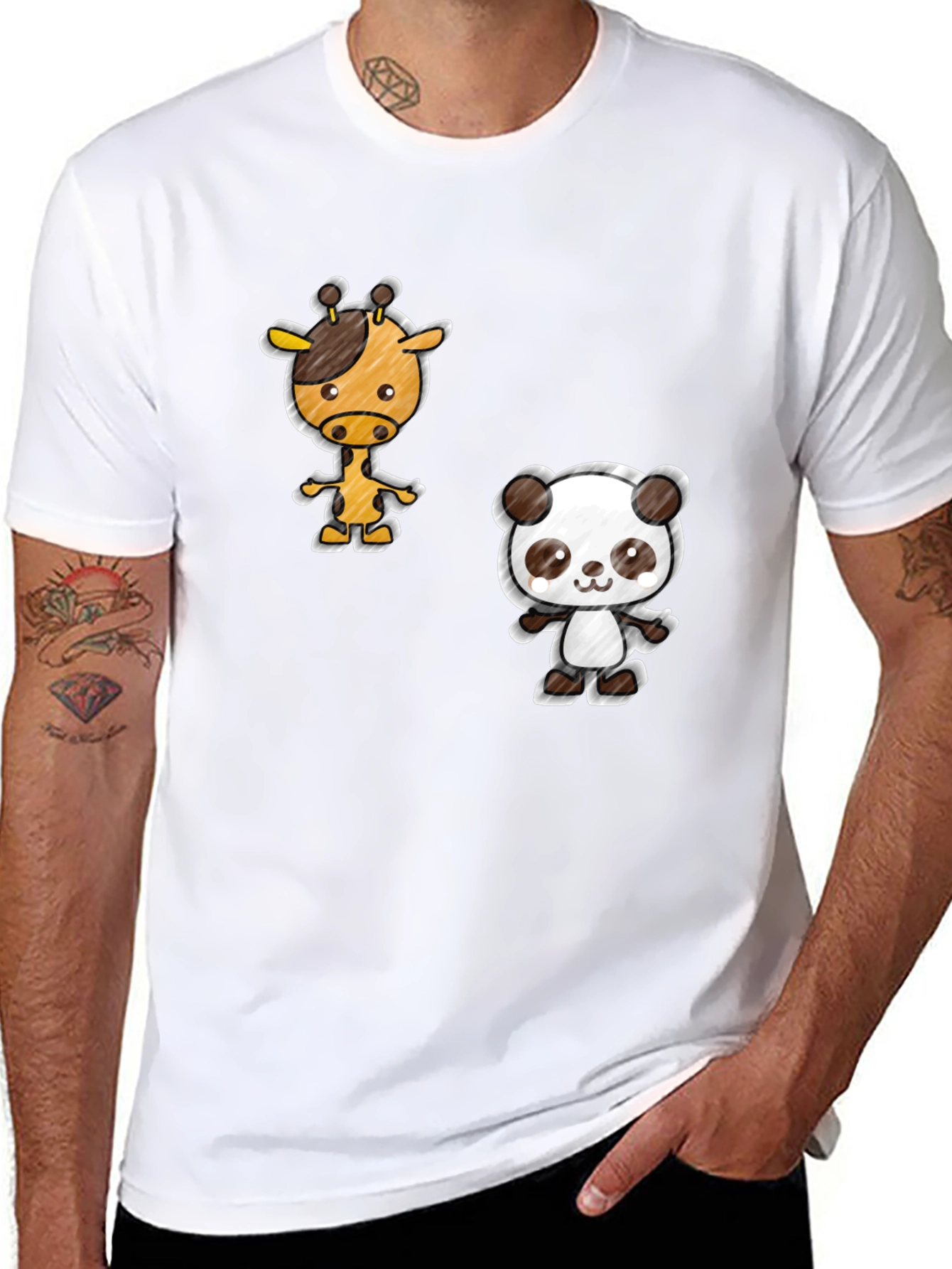 Cartoon Giraffe & Panda Black T-Shirt